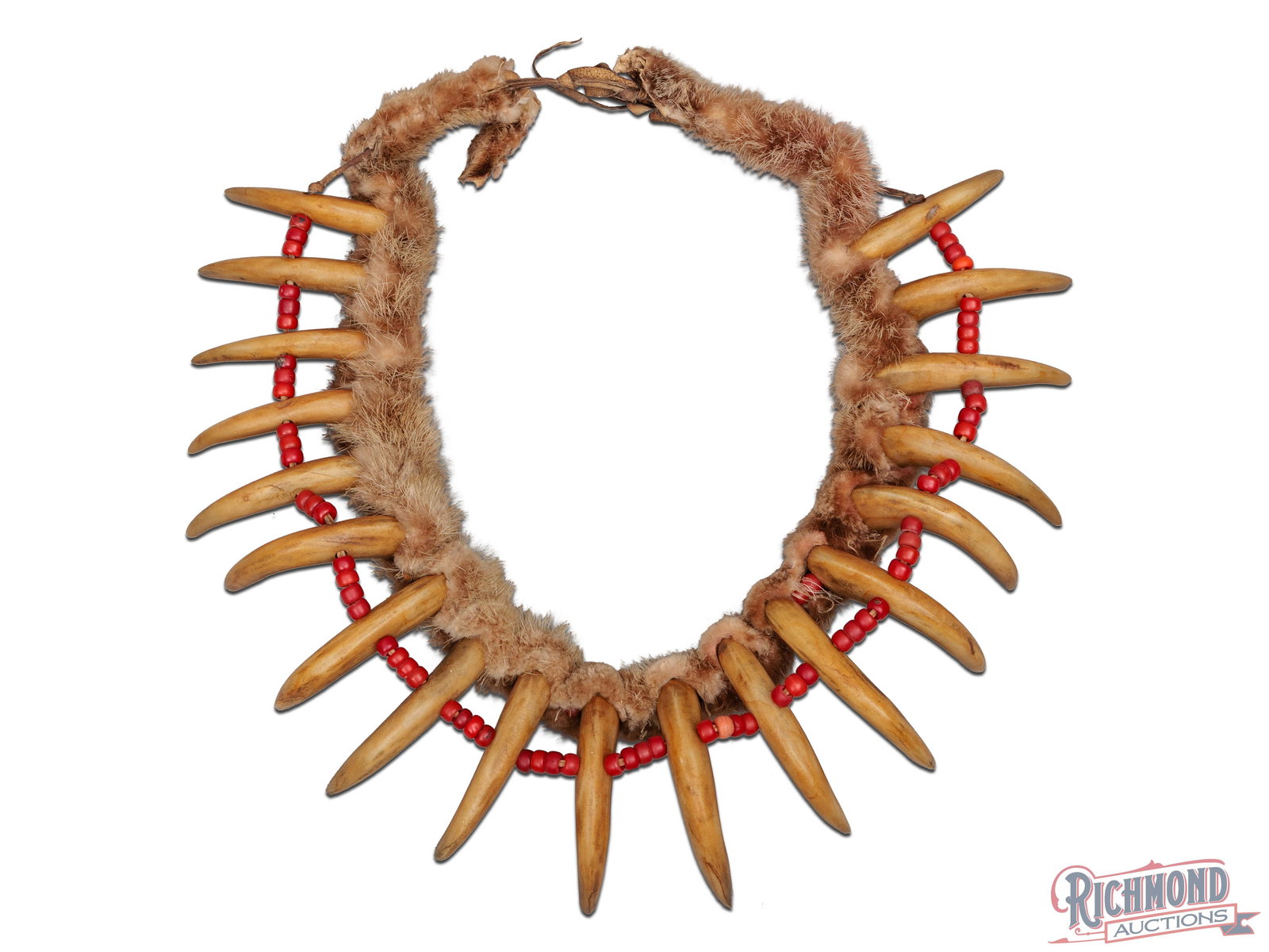 1800's Native American Plains Indian Horn Claw & Fur Beaded Necklace: Made circa 1870's, this beautiful necklace features 19 horn carved claws, likely antelope horn, soft animal fur, possibly hare or fox, and red glass beads. Period correct leather string. These necklac