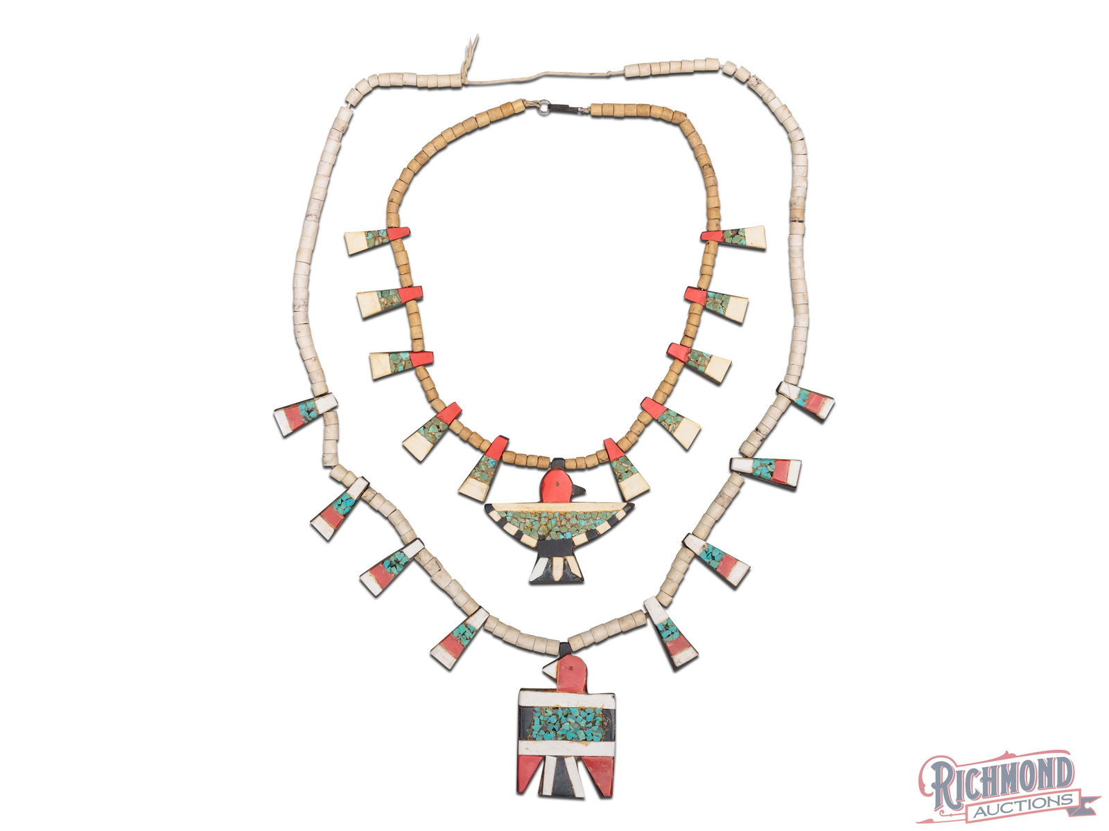 Double Strand Santo Domingo Depression Era Thunderbird Necklace With Turquoise: This vintage thunderbird necklace dates back to the 1930s. Throughout the Great Depression, Native American artisans creatively repurposed discarded materials such as 78 rpm records, hard rubber from
