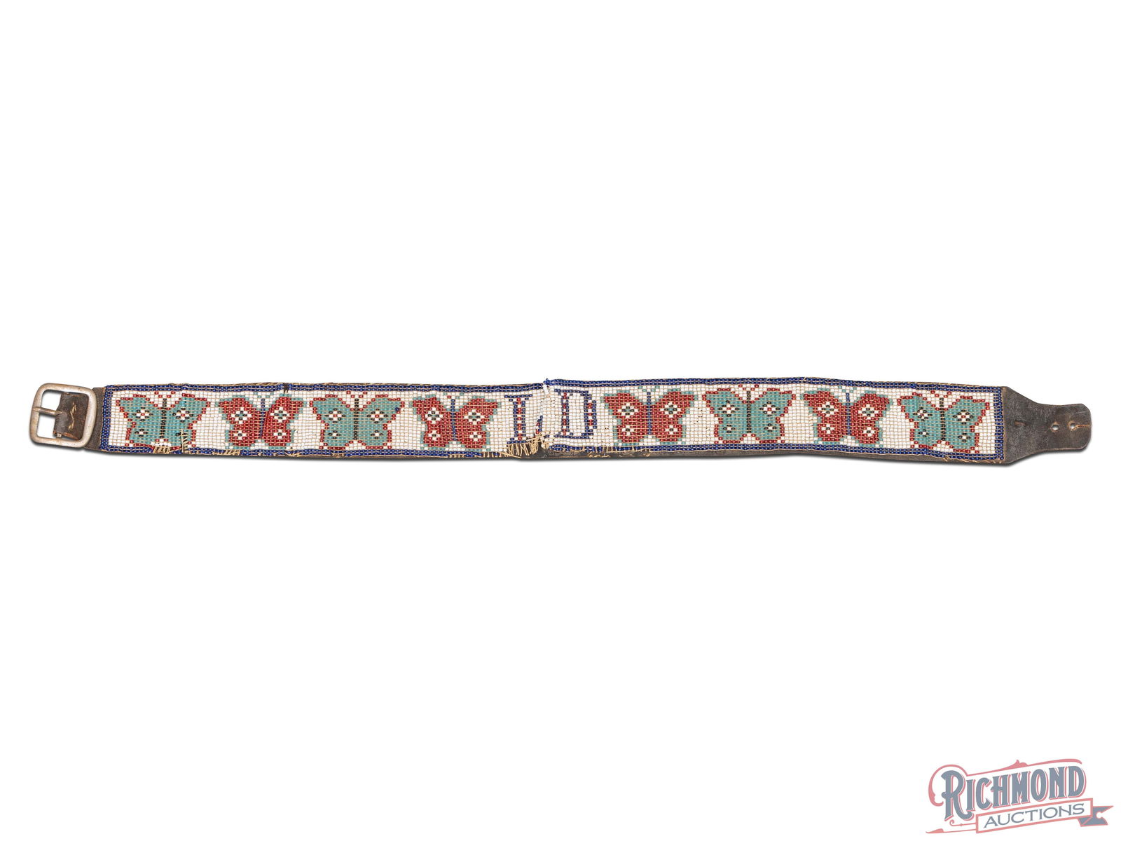 Early 1900's Native American Beaded Leather Hat Band Plains Indians: Early 1900's Native American hat band. Glass beaded on leather strap with buckle. Beads show a butterfly pattern with the initials "LD" center. Colors include blue, white, red, and turquoise with peri