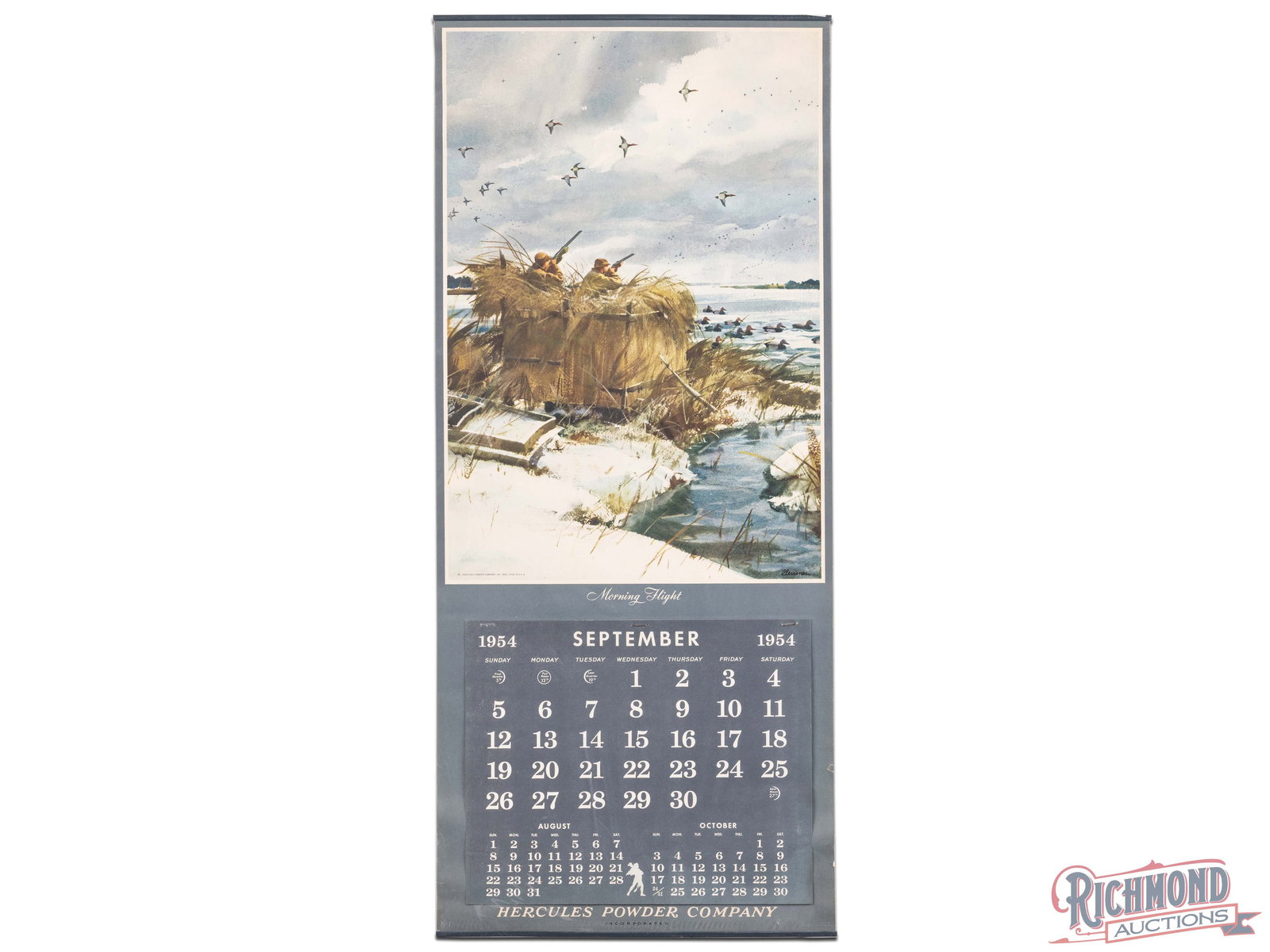 1954 Hercules Powder Company "Morning Flight" Advertising Calendar: 1954 Hercules Powder Company calendar sign. It features excellent color with outstanding subject matter. The fields are clean and the perimeter has a small tear and chip along the lower right edge. Bo