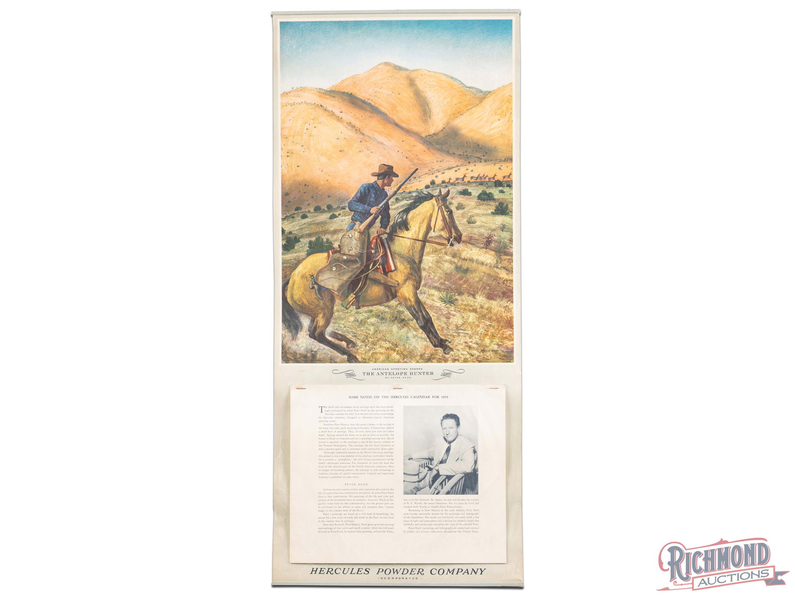 1955 Hercules Powder Company "The Antelope Hunter" Advertising Calendar: 1955 Hercules Powder Company calendar sign. It features vibrant colors with a clean field and minor perimeter wear. The pad retains the cover sheet and both bands are present. Shrink wrapped and secur