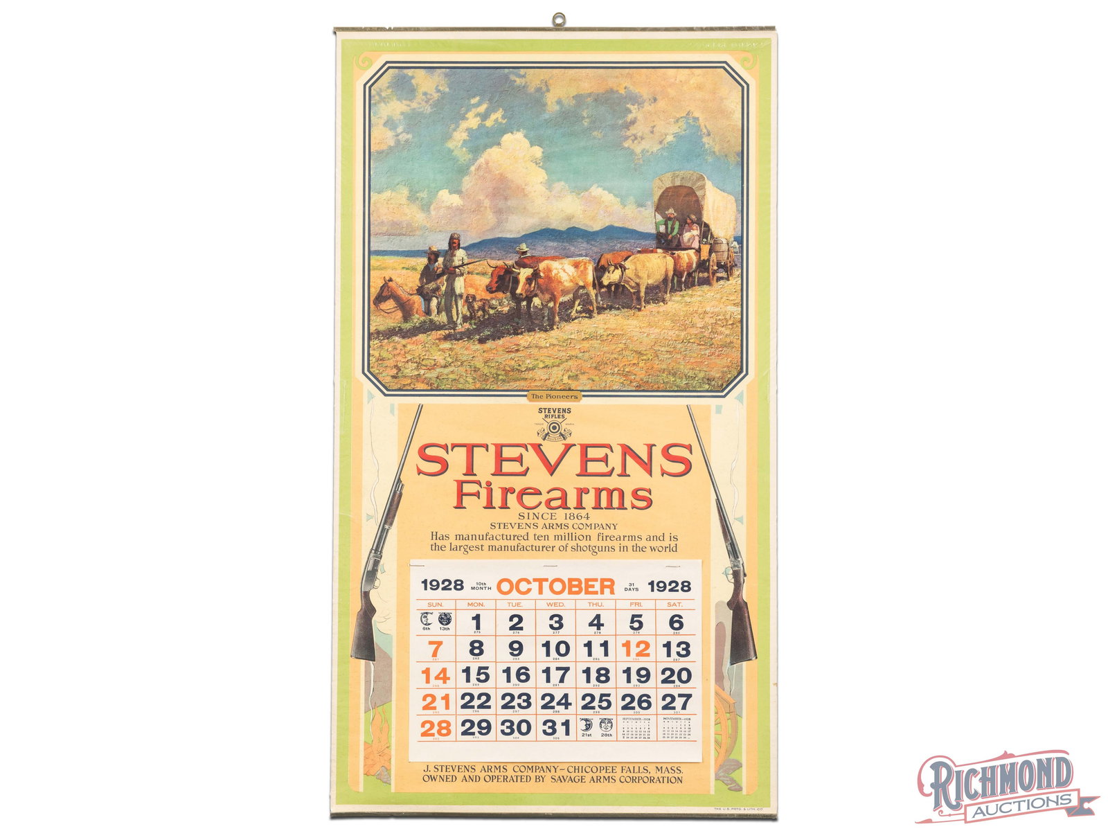 1928 Stevens Firearms "The Pioneers" Advertising Calendar: 1928 Stevens Firearms calendar sign. It has very good color and exhibits light wear, a small tear on the left edge, and some minor spots of discoloration. It retains a single October 1928 page of the