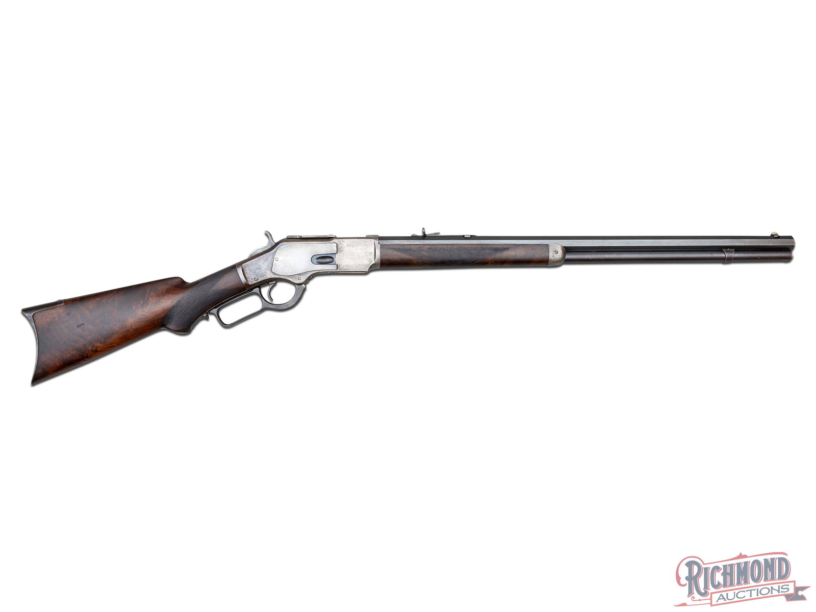 Antique Winchester Deluxe 1873 Rifle in 44-40 Caliber: Winchester Model 1873 Deluxe rifle made by Winchester Repeating Arms Company in 1882. This gun has three special order features verified by accompanying Cody research letter. Rifle has a blued octagon