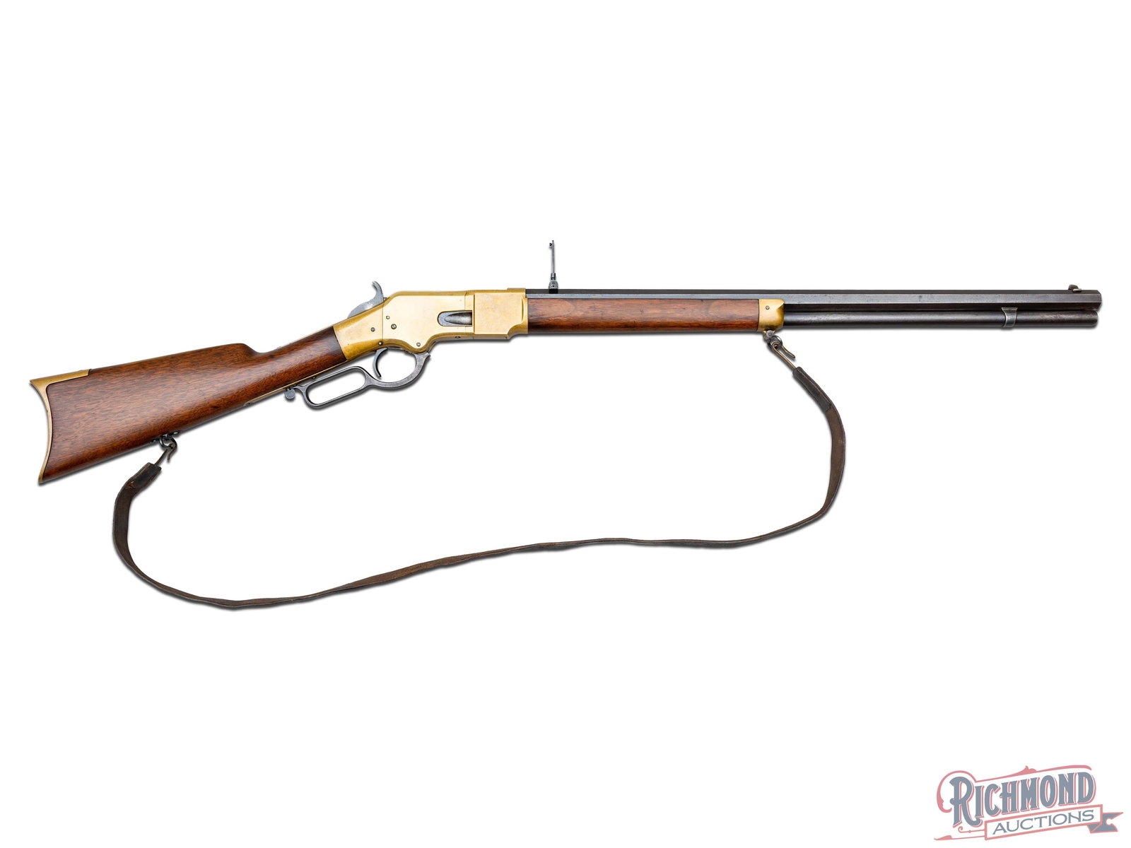 High Condition Winchester Henry Barrel Address Third Model 1866 Lever Action Rifle In 44 RF Caliber: Made by Winchester Repeating Arms Company in 1869. Rifle has blued 24" octagon rifled barrel with correct blade front sight and correct graduated rear flip sight. Barrel is marked with early style "HE