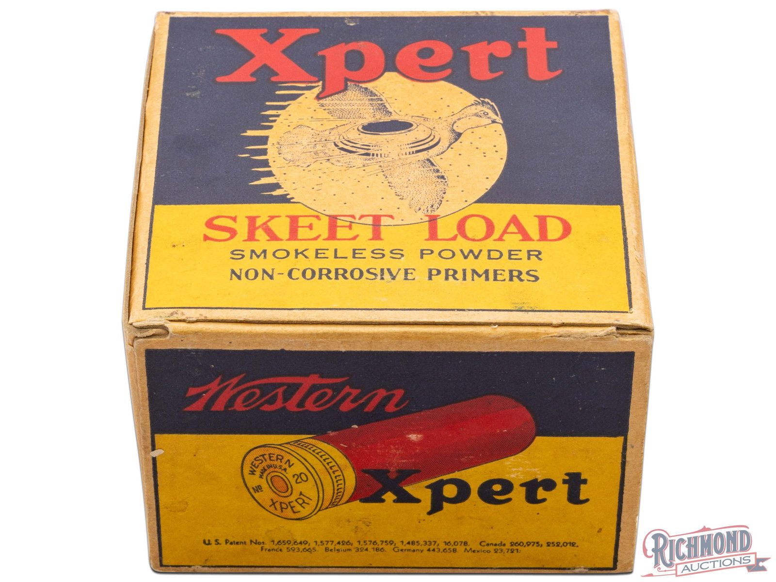 Full Box Of Western 20 Gauge Xpert Skeet Load Smokeless Powder Shells: This is a full box of 20 Gauge shells made by Western Cartridge Co. This box has a bright yellow and blue box with the image of a gamebird with clay target image on the front and the shell on the top