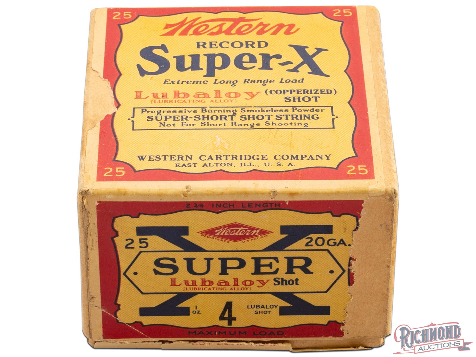 Full Box Of Western 20 Gauge Record Super-X Extreme Long Range Load Steel Locked Shells: This is a full box of 20 gauge Record Super-X copperized shot shells made by Western Cartridge Co. The box has a bright label with red border on the top, front, and back. The top label states " Wester