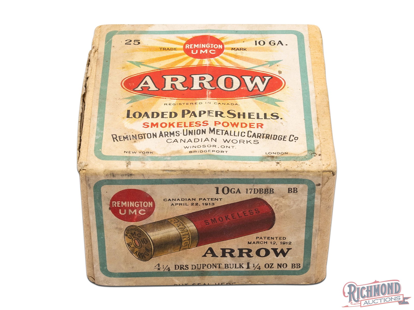Full Box Of Canadian Works Windsor, Ont. Remington UMC 10 Gauge Arrow Loaded Paper Smokeless Powder: This is a full box of 10 Gauge loaded paper shells made by Remington UMC. This two piece box has an unbroken seal on one side of the label, and has the image of the cartridge on the front. the top lab