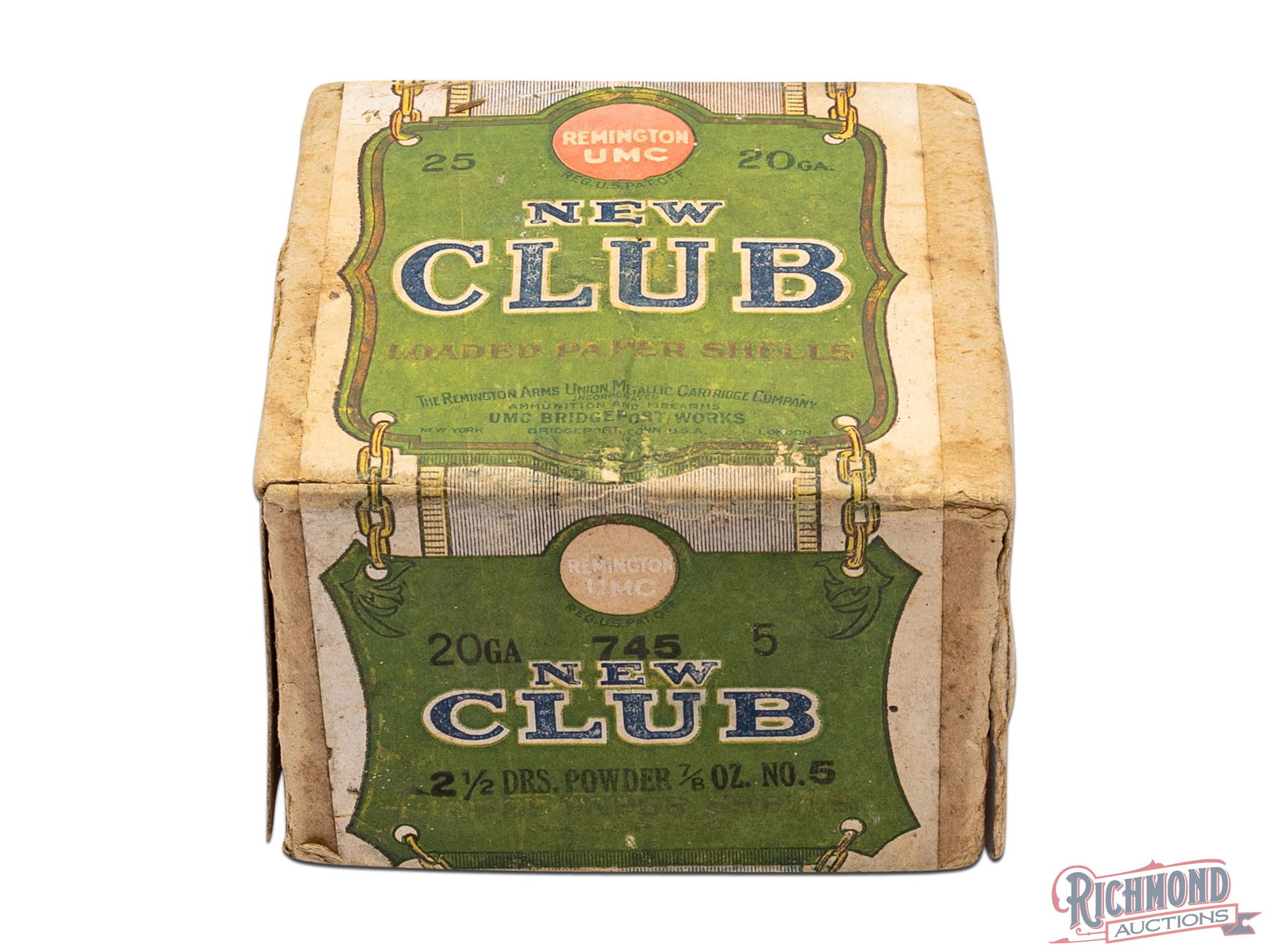 Sealed Box Of Remington UMC 20 Gauge New Club Loaded Paper Shells: This is a factory sealed box of 20 gauge paper shells made by Remington UMC. This two piece box has a green label with duck medallion image on the bottom. The top label reads "Remington UMC 20 Ga. New