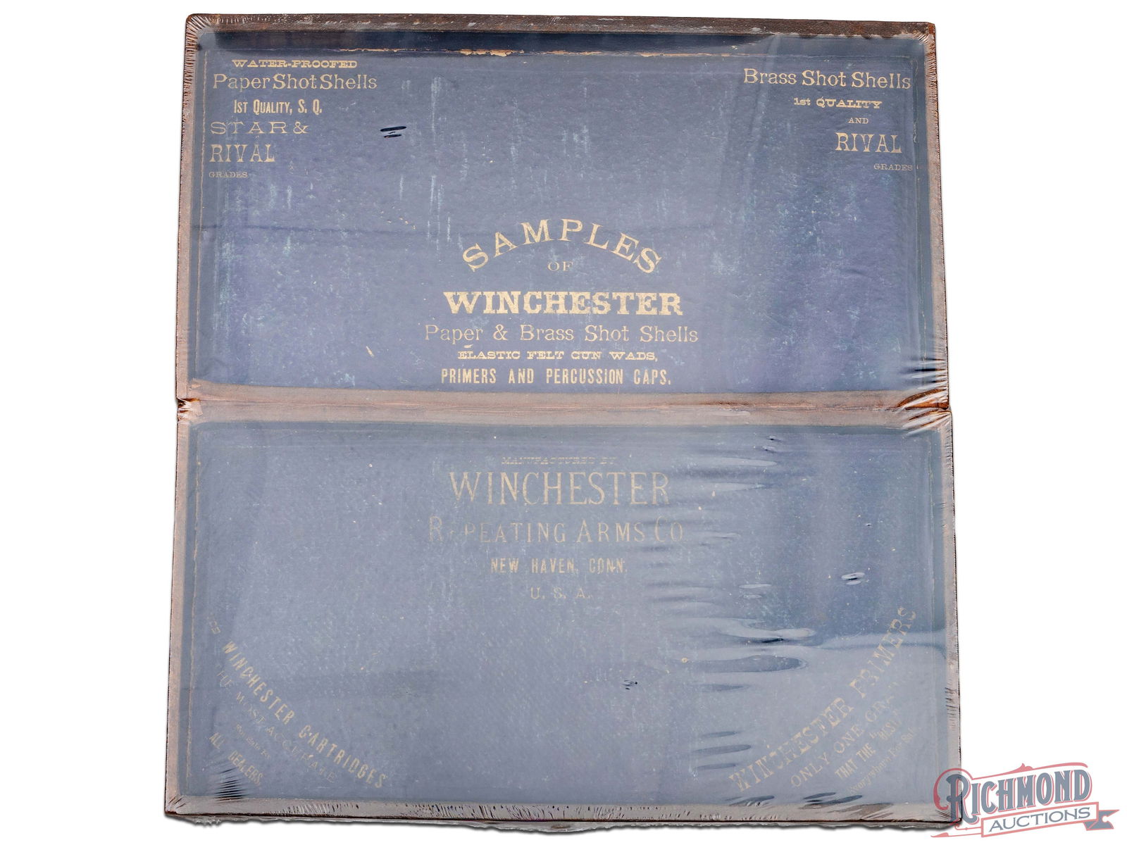 Late 1800's Collector Winchester Samples Box Paper & Brass Shot Shells Primers & Percussion Caps: This Highly desirable and scarce vintage Winchester Repeating Arms Company sample box was made circa late 1800s. This distinguished charcoal-colored fabric-covered wood box features "WINCHESTER" discr