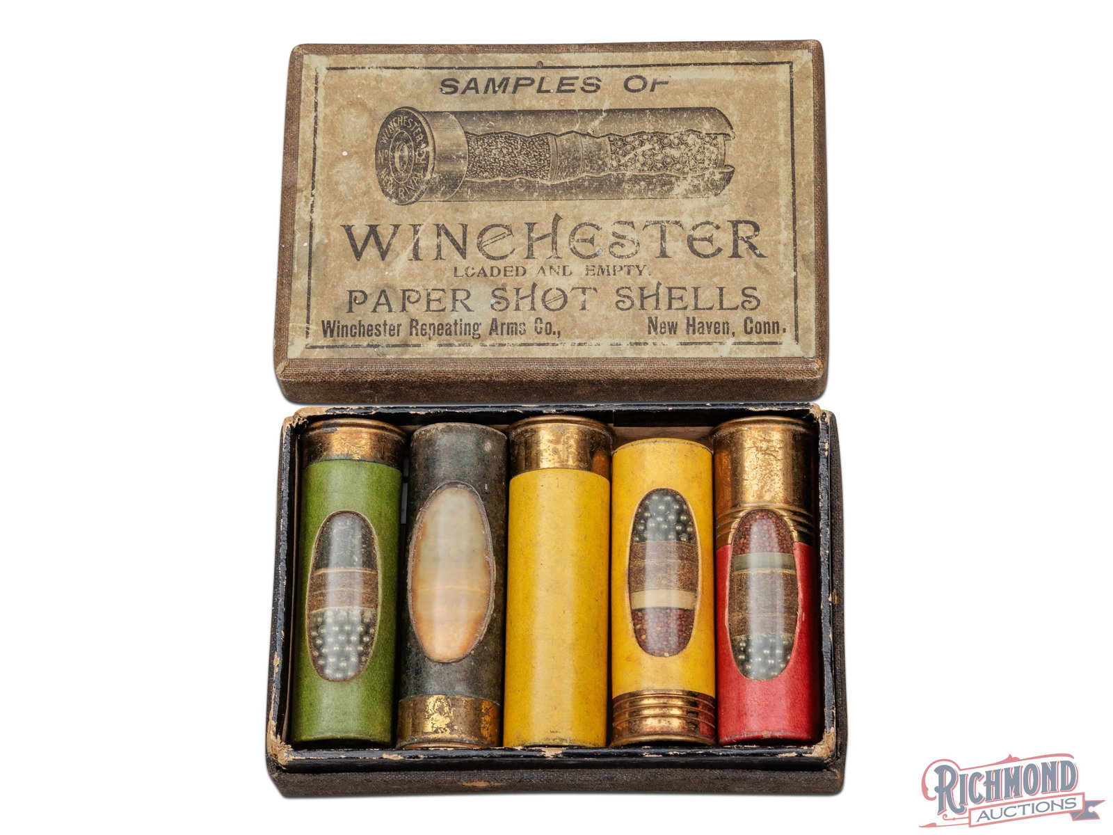Complete Winchester Sample Paper Shot Shell Salesman Set in Factory Box: Winchester factory shot shell sample set with four window view shells and empty paper shell. Comes in the original factory box with factory label "SAMPLES OF / WINCHESTER / LOADED AND EMPTY / PAPER SH