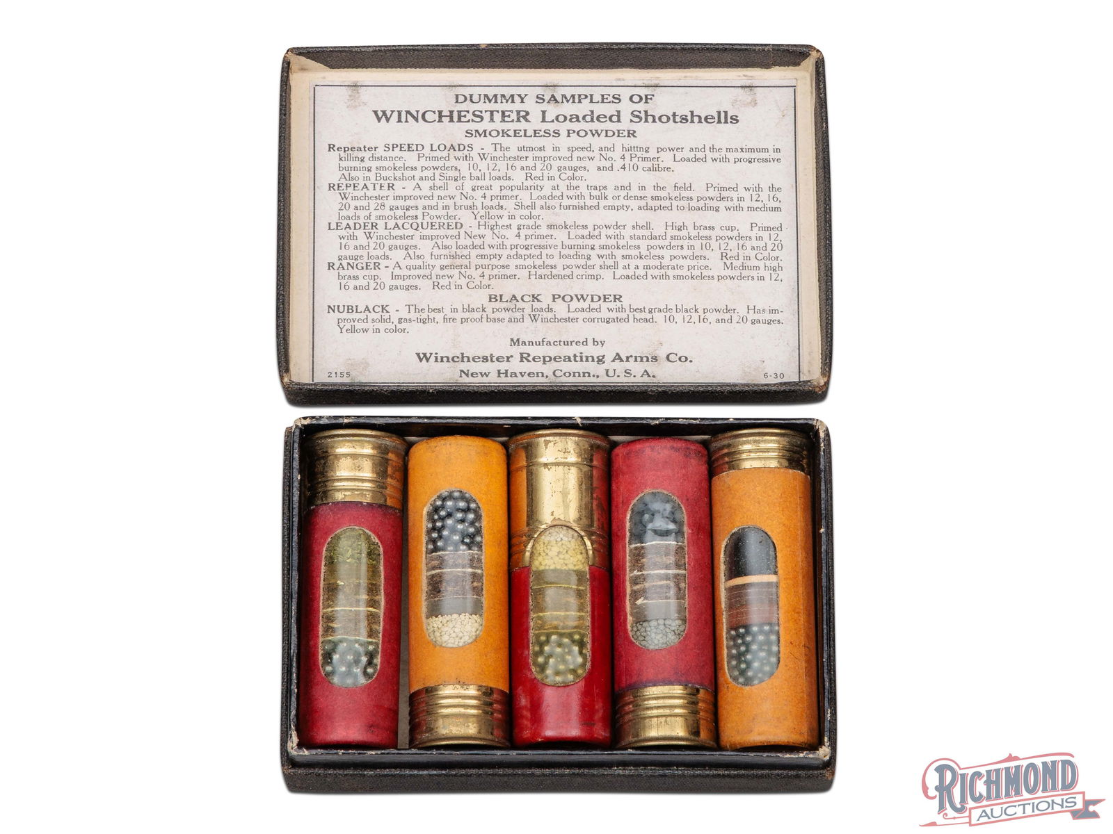 Winchester Shotshell Salesman Sample: Made by Winchester Repeating Arms circa 1940. Kit features 5 loaded window shells with Leader "Super Speed" , "Repeater Super Speed", "Ranger" and "Nublack" shell brands in two piece cardboard contain