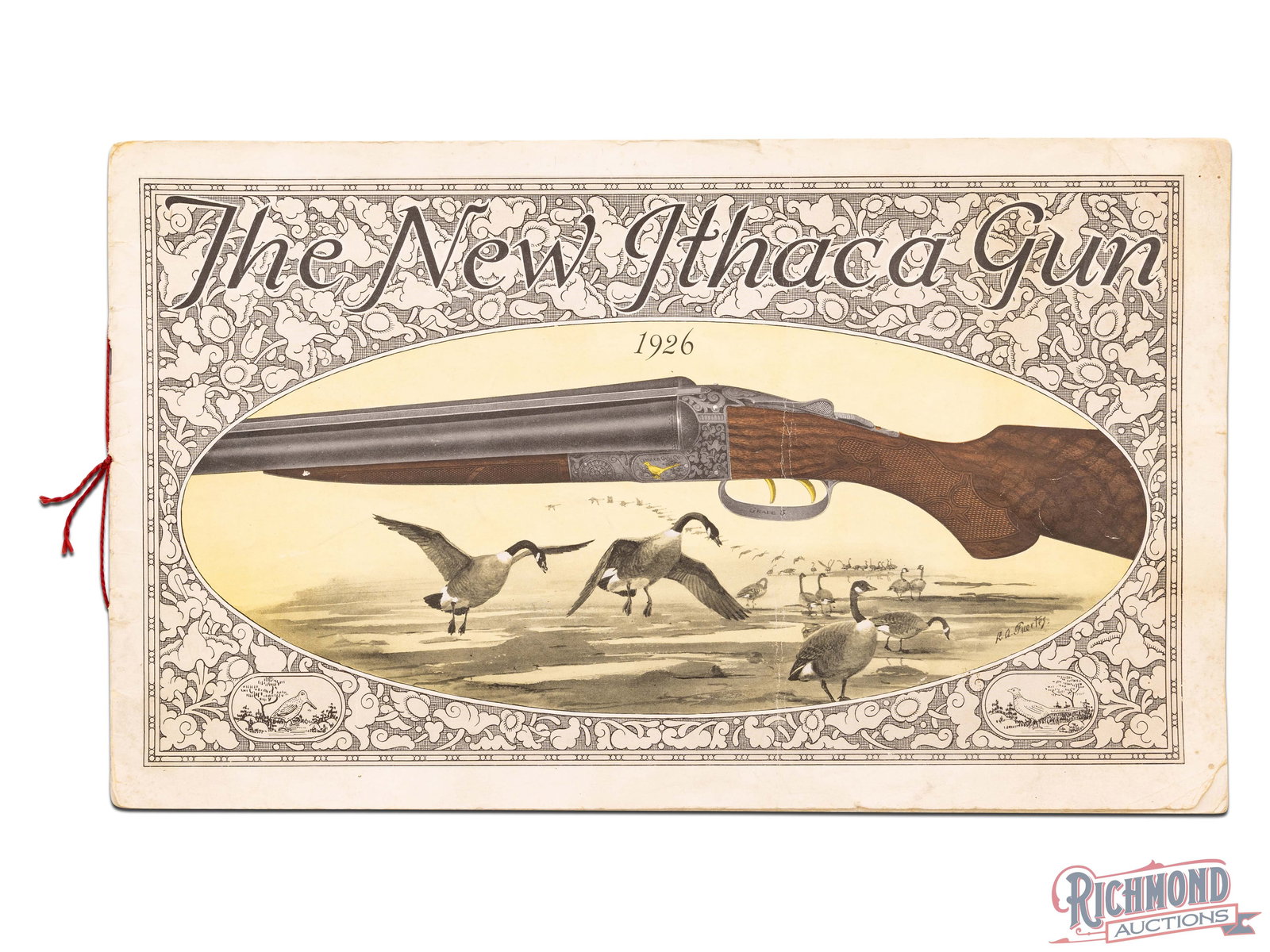 Original Ithaca Gun Company 1926 Catalog: Made by The Ithaca Gun Company of Ithaca, New York in 1926. Catalog measures 13-3/4" x 8-3/8" with "The New Ithaca Gun" and floral design with Grade 5 side by side shotgun and goose in flight scene da