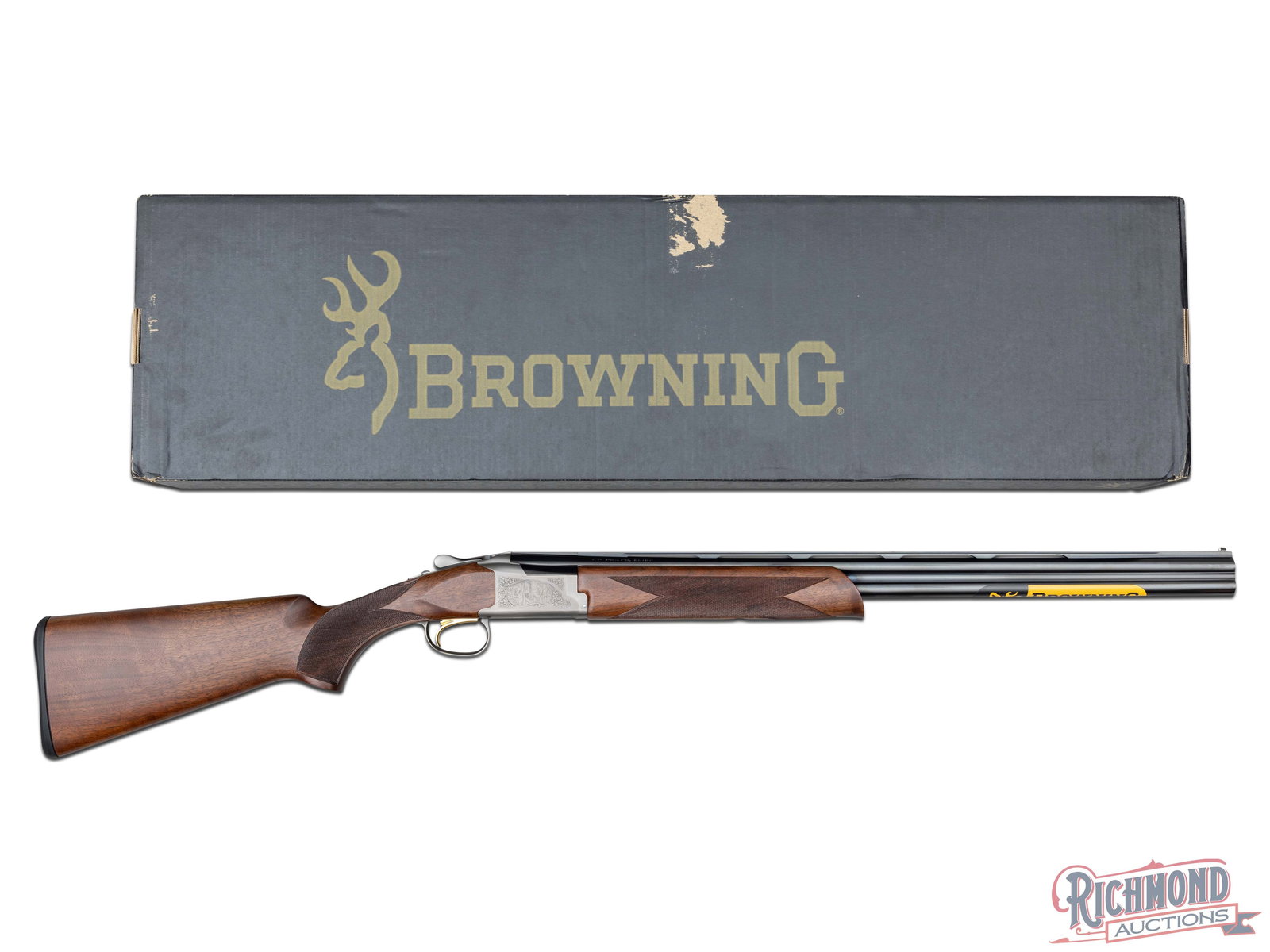 High Condition Browning Citori 725 Field Over/Under Engraved 28 Gauge Shotgun in Original Box: Manufactured in Japan for Browning. Features a 26" blued Citori Special Steel ventilated rib barrel with white mid and front bead sights. Chambered for 2-3/4" shells with Invector choke tubes, Modifie