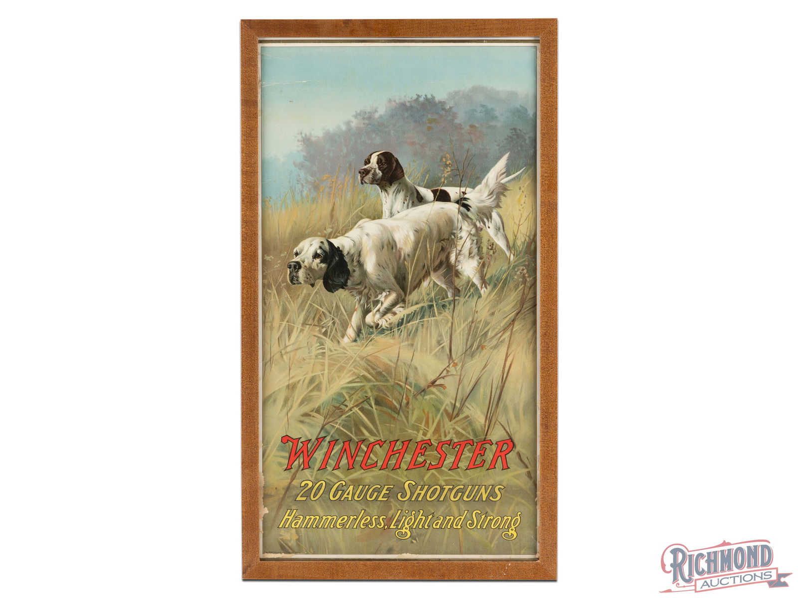 Winchester 20 Gauge Shotguns Hammerless Light and Strong Advertising Poster Sign: Single sided advertising poster has been framed under glass. The poster has excellent color with light wear and wrinkling in the fields. The perimeter has edge wear with small tears and areas of loss.