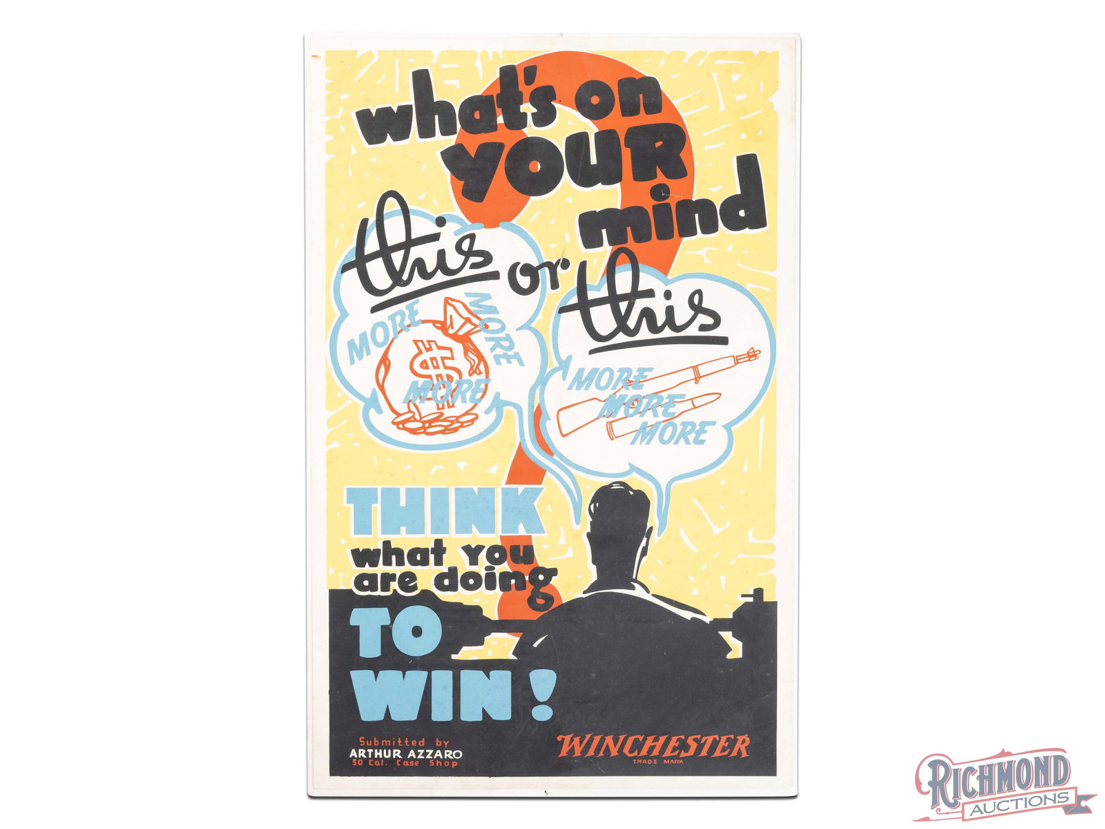 Winchester Think What's On Your Mind Cardboard Advertising Sign: Single sided advertising sign has very good color. The fields have marks with areas of spotting. The perimeter has similar wear with a closed tear on the lower right edge and tiny closed tear on the u