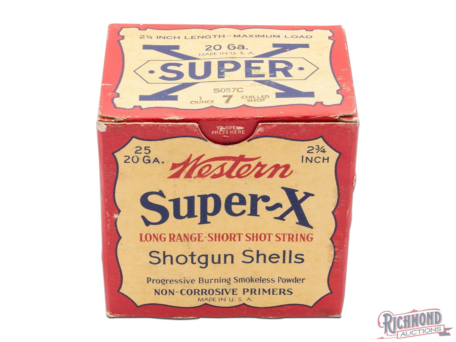 Full Box Of Western 20 Gauge Super-X Long Range - Short Shot String Shotgun Shells: This is a full box of 20 Gauge 2 3/4" shells made by Western Cartridge Co. This box has a red and tan label with the image of the shell on the bottom flap. The front of the box states "Western Super-X