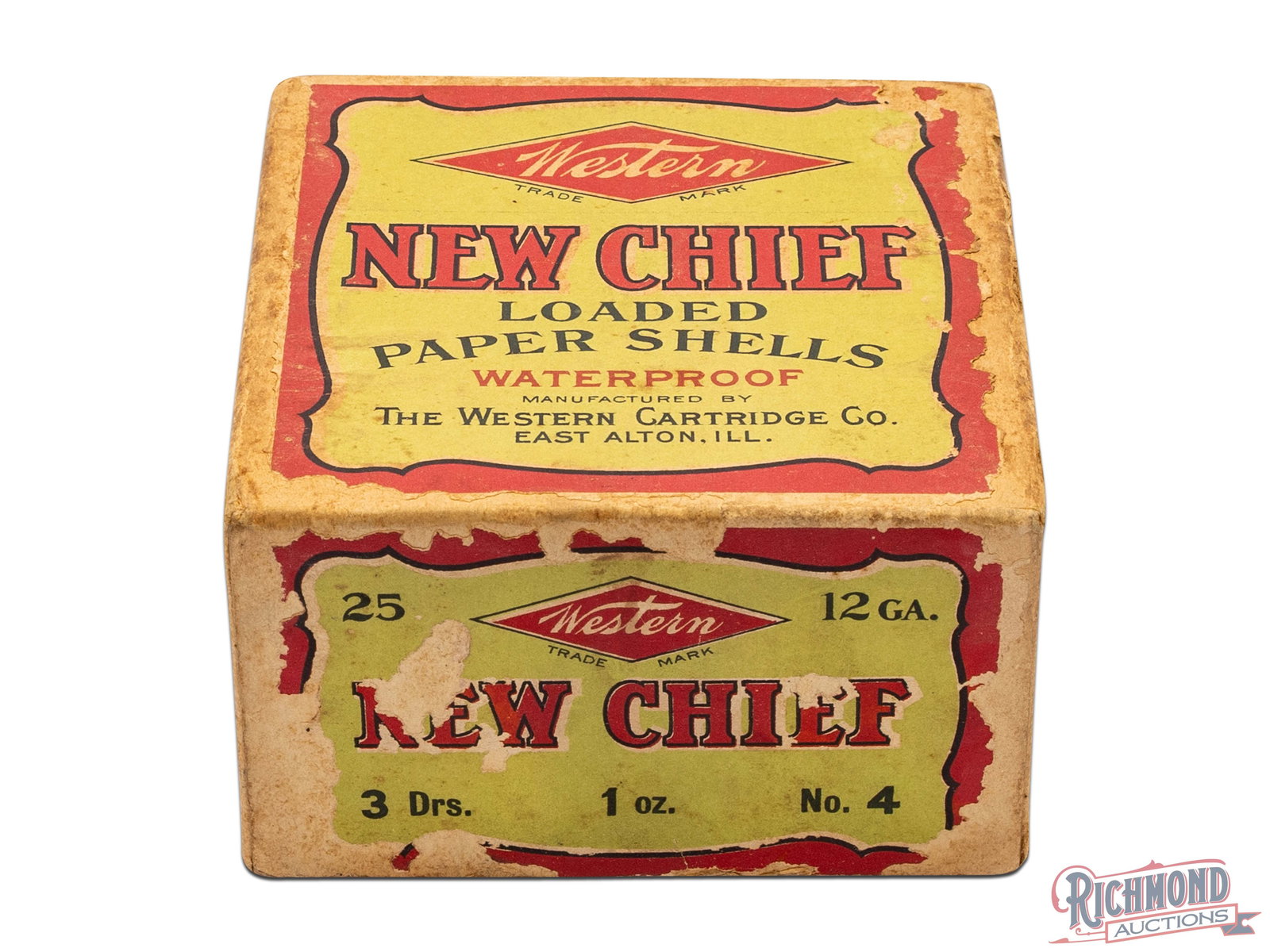 Western New Chief 12 Gauge Loaded Paper Waterproof Shells Two Piece Box: This is an empty box of 12 gauge loaded paper shells that was made by Western Cartridge Co. The two piece box has green and red labels on the top, front, and back and states on the top label " Western