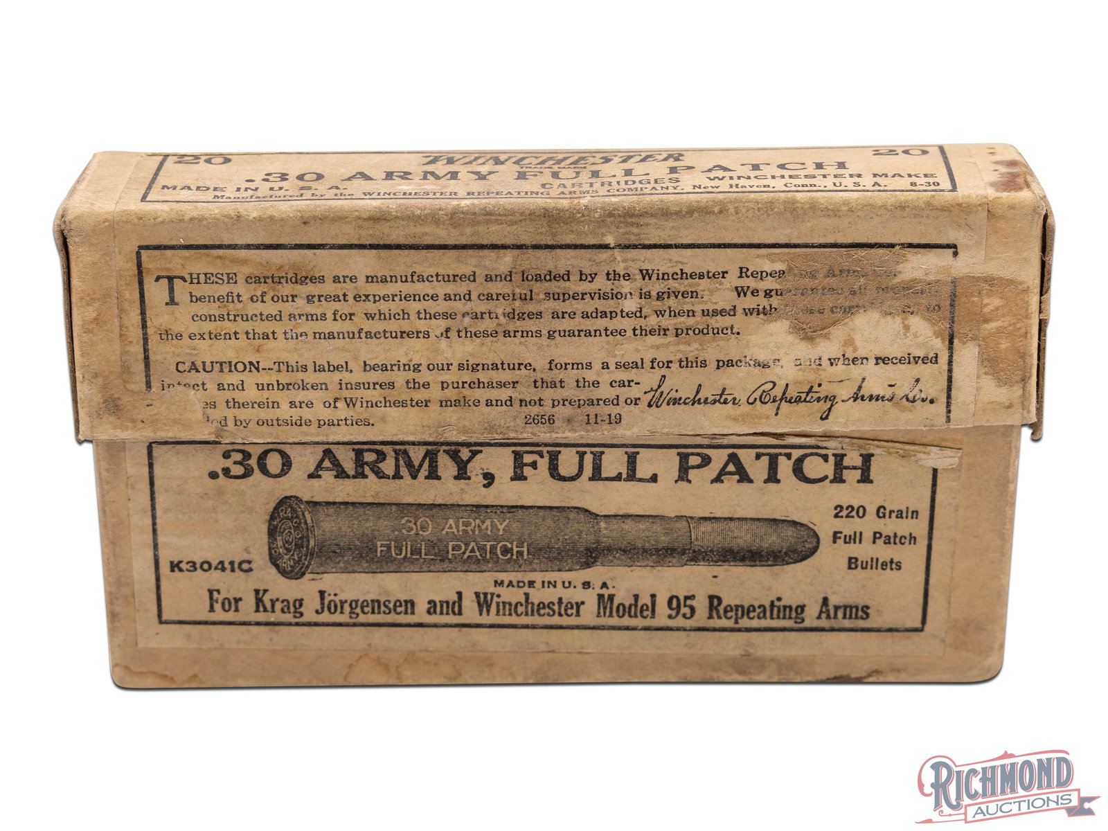 Winchester .30 Army Full Patch Two Piece Cartridge Box: This empty box originally contained 20 .30 Army (.30-40 Krag) cartridges. It is labeled on the top and front with the image of the cartridge and states ".30 Army Full Patch". Sides of the box have red