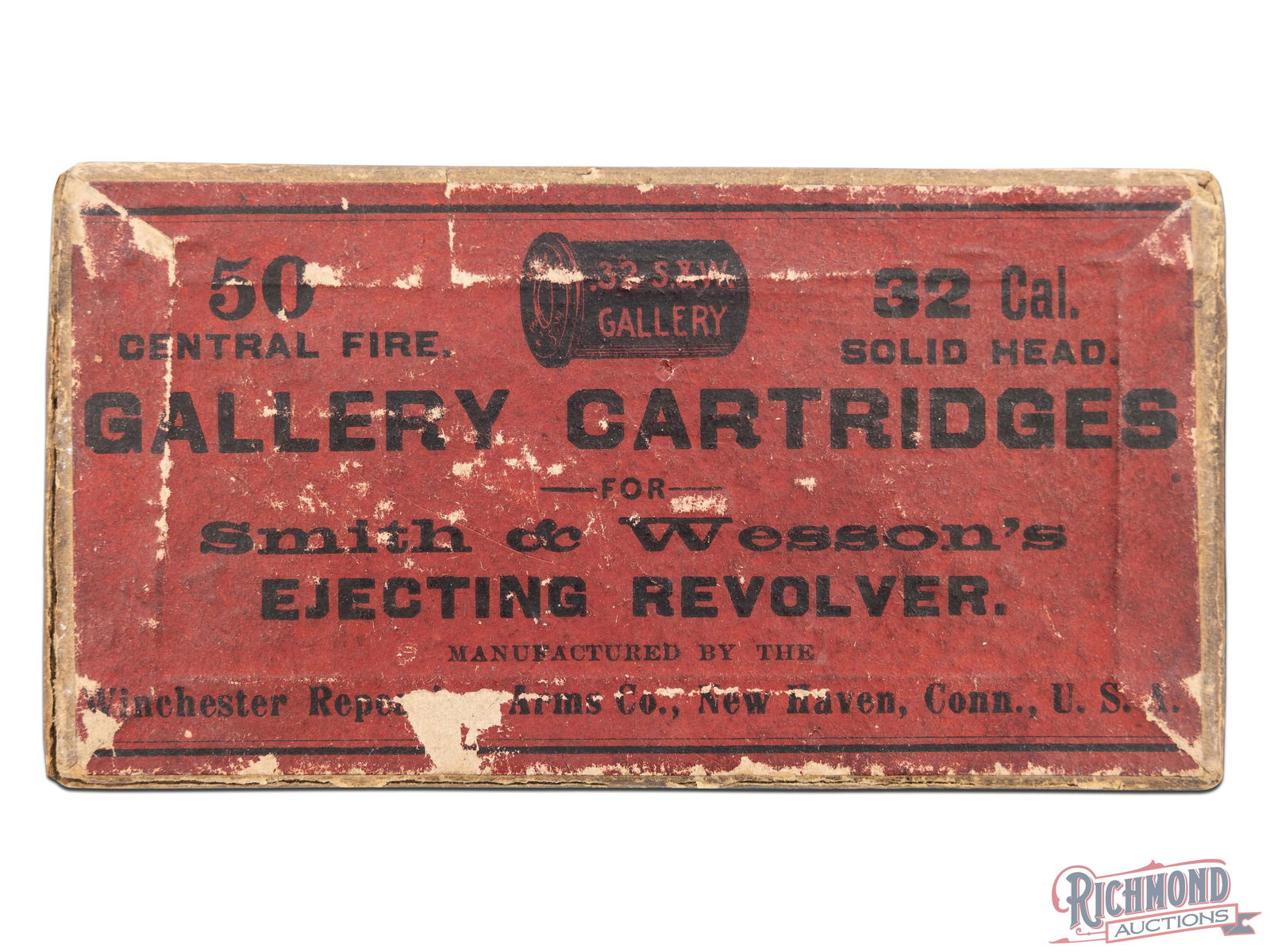 Full Box Of Winchester .32 Caliber Gallery Cartridges 50 Rounds: These .32 Caliber Gallery Cartridges were made by Winchester and come in a two piece box. The top label is dark red and has an image of the cartridge with ".32 S&W Gallery" and states below "For Smith