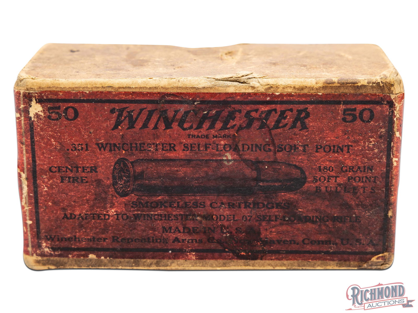 Full Box Of Winchester .351 Self Loading Soft Point Cartridges: This is a full box of 50 cartridges made by Winchester repeating Arms Co. The cartridges are .351 Winchester Self Loading Soft Points. The two piece box has a dark red label on the top and sides. The