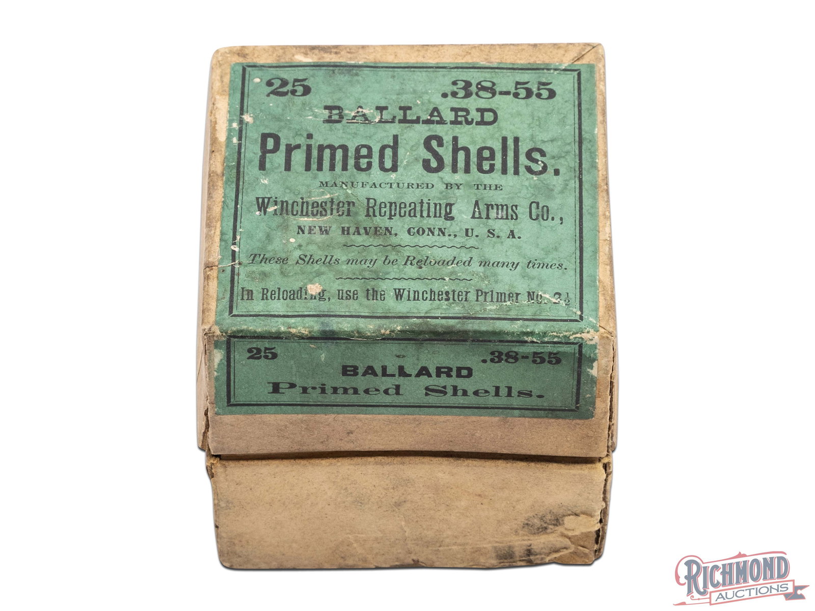 Full Box Of Winchester .38-55 Ballard Primed Shells: This full box contains 25 primed shells of .38-55 Ballard made by Winchester Repeating Arms Co. The box has a green label on the top and front that states " 25 .38-55 Ballard Primed Shells". GA/CAL: 3