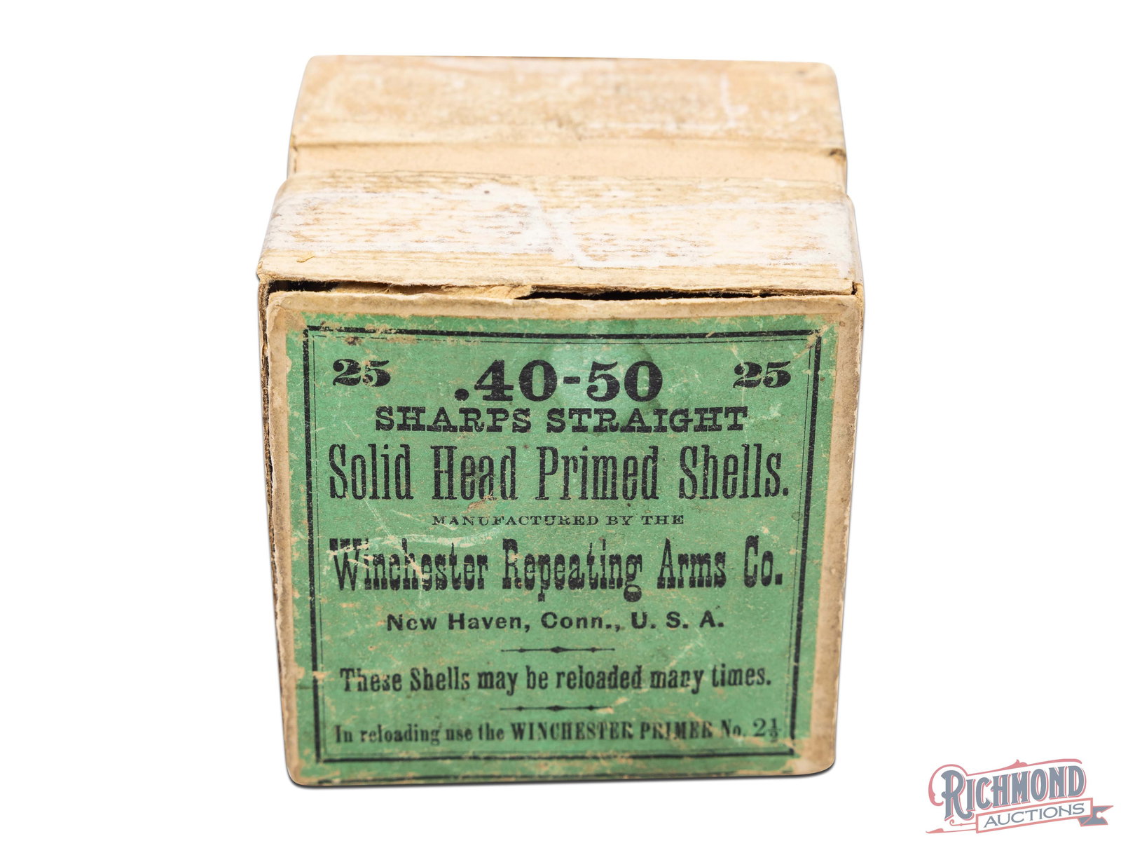 Winchester .40-50 Sharps Straight Cartridge Collector's Two Piece Box: This Winchester Repeating Arms Co. is for 25 rounds of .40-50 Sharps Straight Cartridges. The box has a green label and states the Caliber and "Solid Head Primed Shells". The box contains 20 cartridge