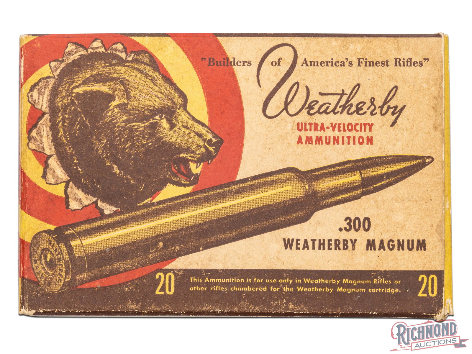 Weatherby Cartridge Box For .300 Weatherby Magnum Ultra Velocity Cartridges: This empty box originally contained 20 cartridges of .300 Weatherby Magnum Made by Weatherby Ammunition. The box does contain 11 used brass shells. The box has the image of a bear's head with the cart