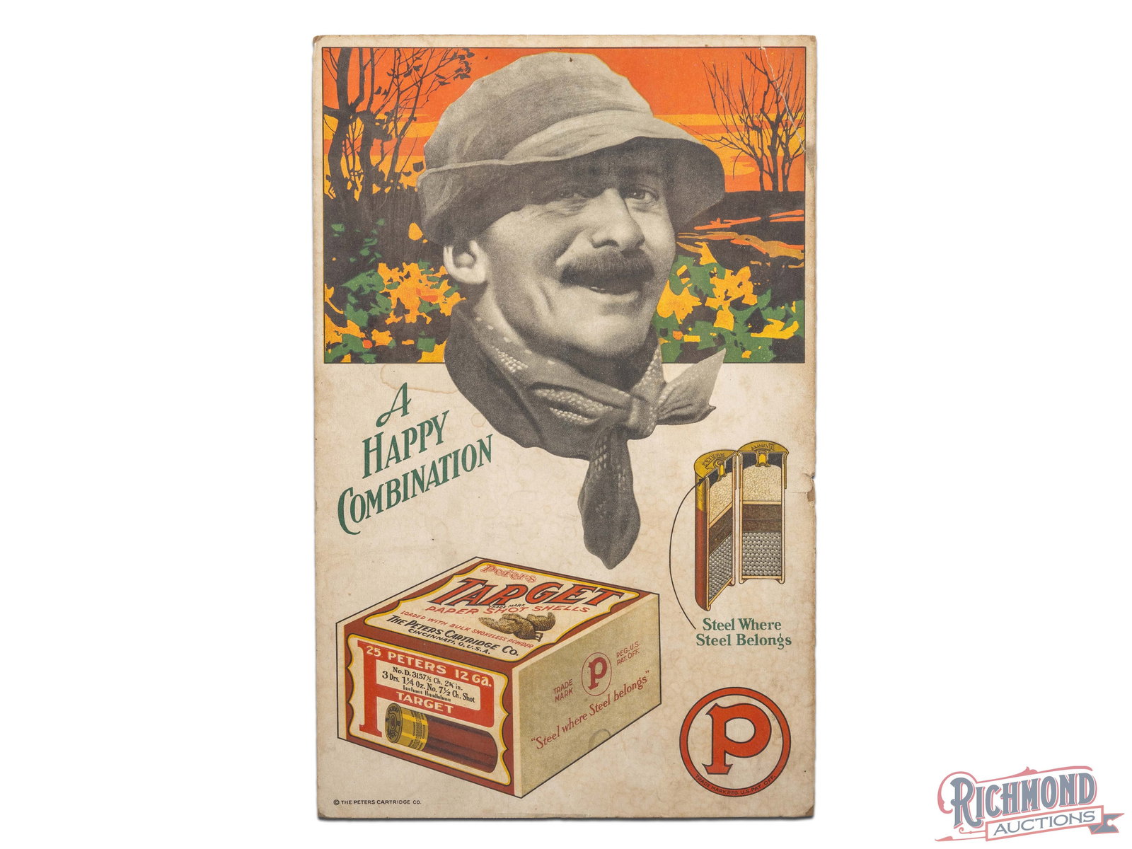 Peters Cartridge Co. "A Happy Combination" Cardboard Advertising Display Sign: Single sided cardboard sign has good color. The field has areas of discoloration. The perimeter has a crease on the upper right corner with small tears and edge wear. The sign has been shrink wrapped