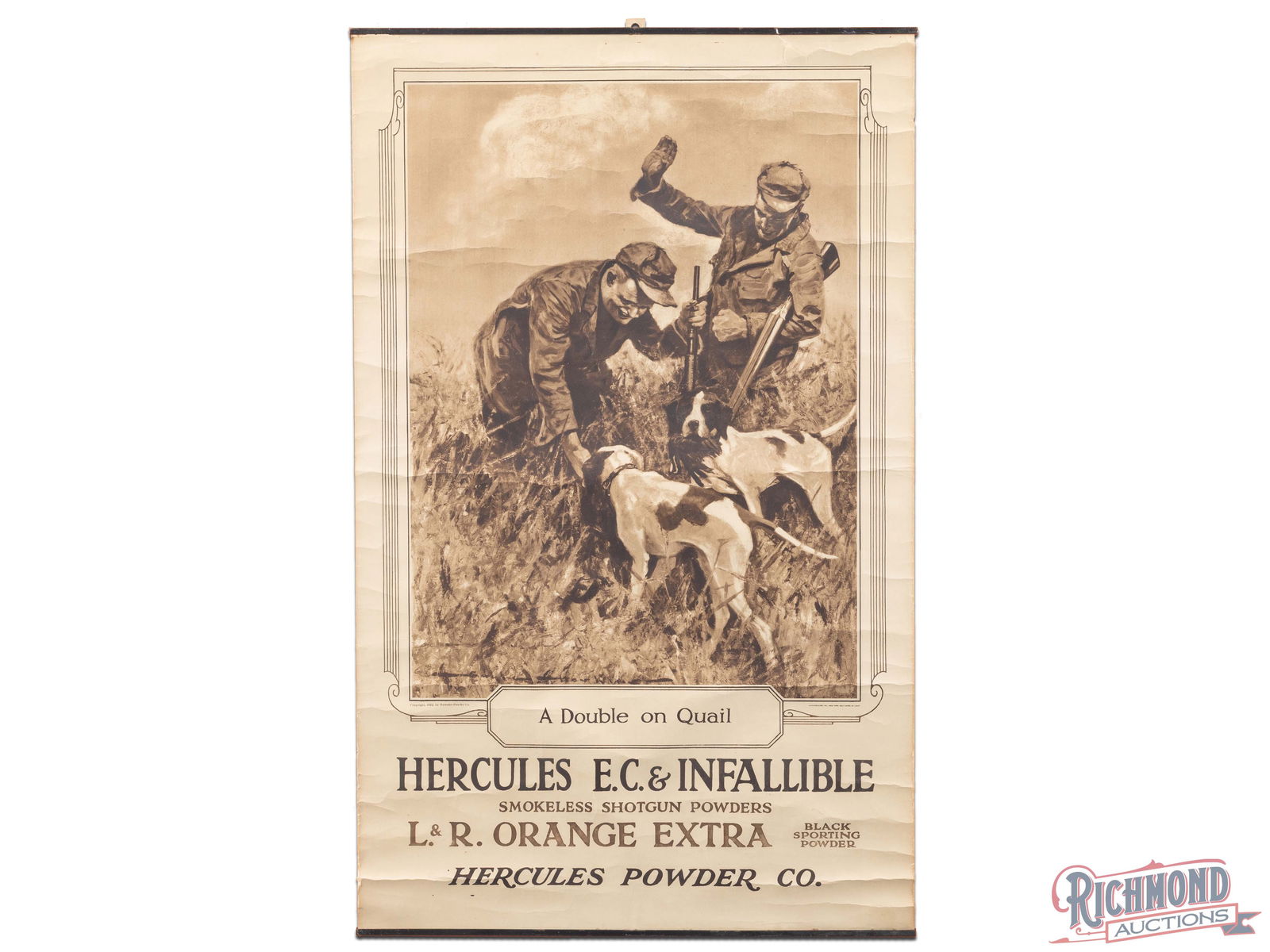 1920s Hercules E.C. & Infallible Shotgun Powders Advertising Poster Sign "A Double on Quail": 1920s Hercules Smokeless Shotgun Powders paper advertising sign. The poster exhibits toning with minor wrinkling in the fields. The outer fields and perimeter have additional wrinkles, minor edge loss