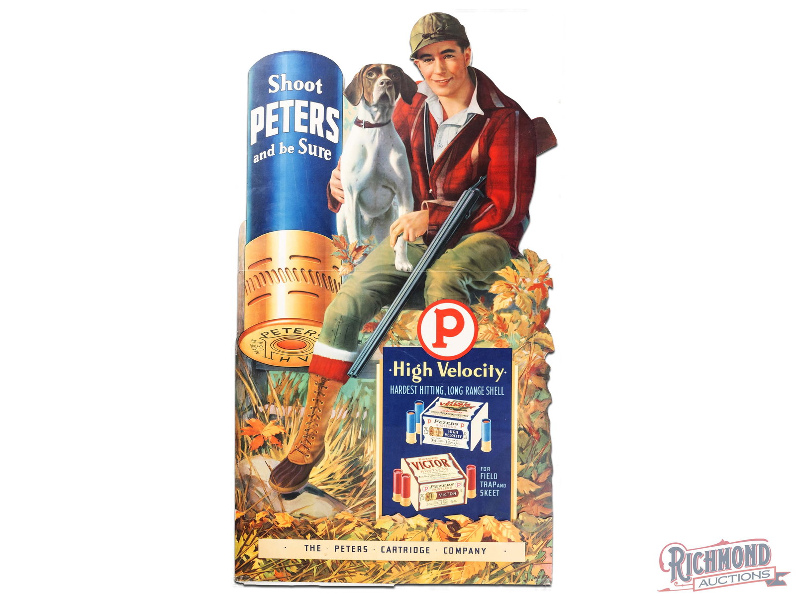 Outstanding Peters High Velocity Shotgun Shells 3D Cardboard Countertop Display Sign: Single sided three-dimensional cardboard countertop display sign has excellent color. The field has a factory fold in the center with other minor surface imperfections. The leaf graphics in the lower