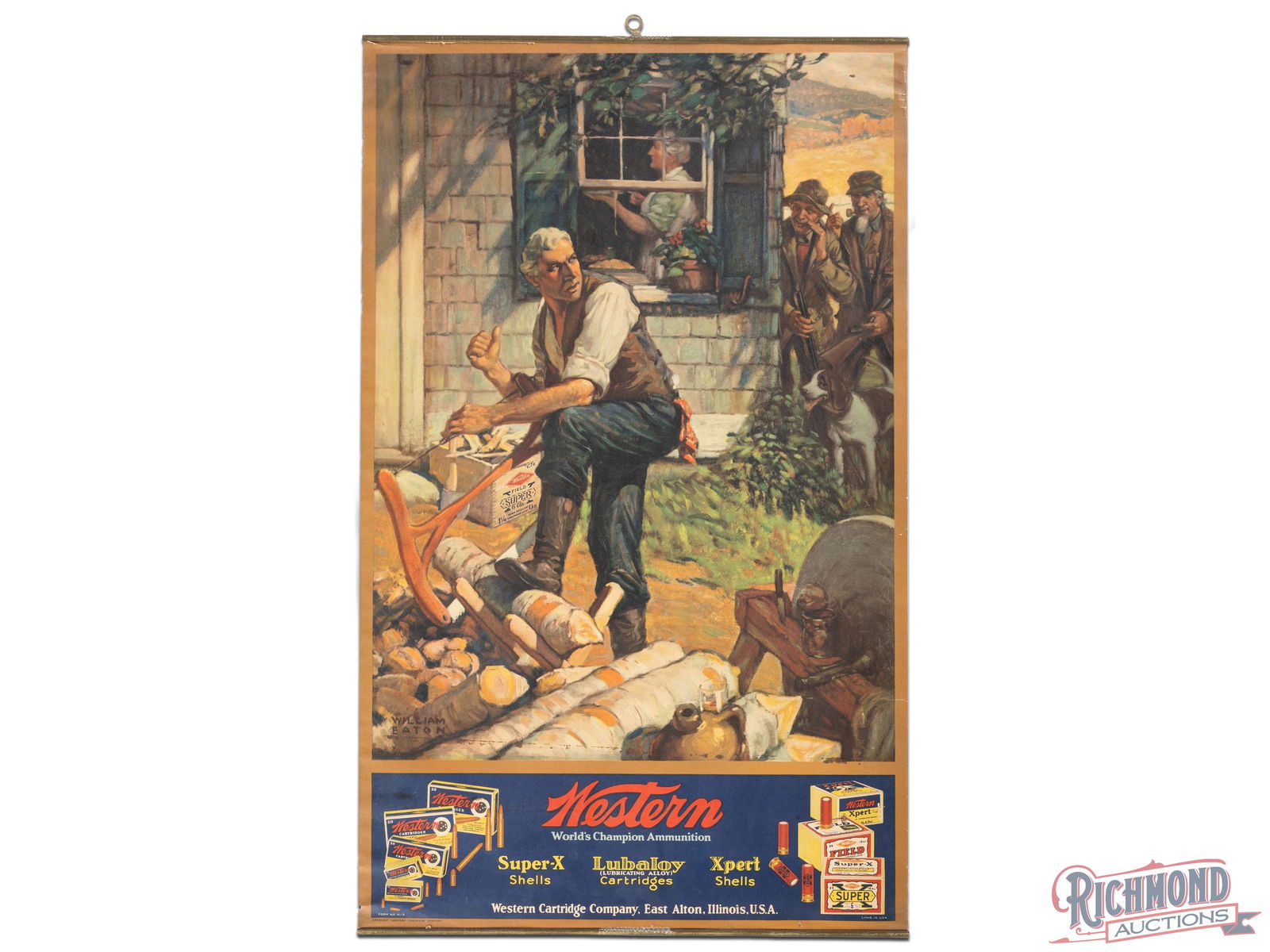 Western Cartridge Company World's Champion Ammunition Advertising Poster Sign: Single sided advertising poster has excellent color. The field is clean. The perimeter has small wrinkles, minor edge tears and two small non-factory holes on the lower edge. Both metal bands are pres