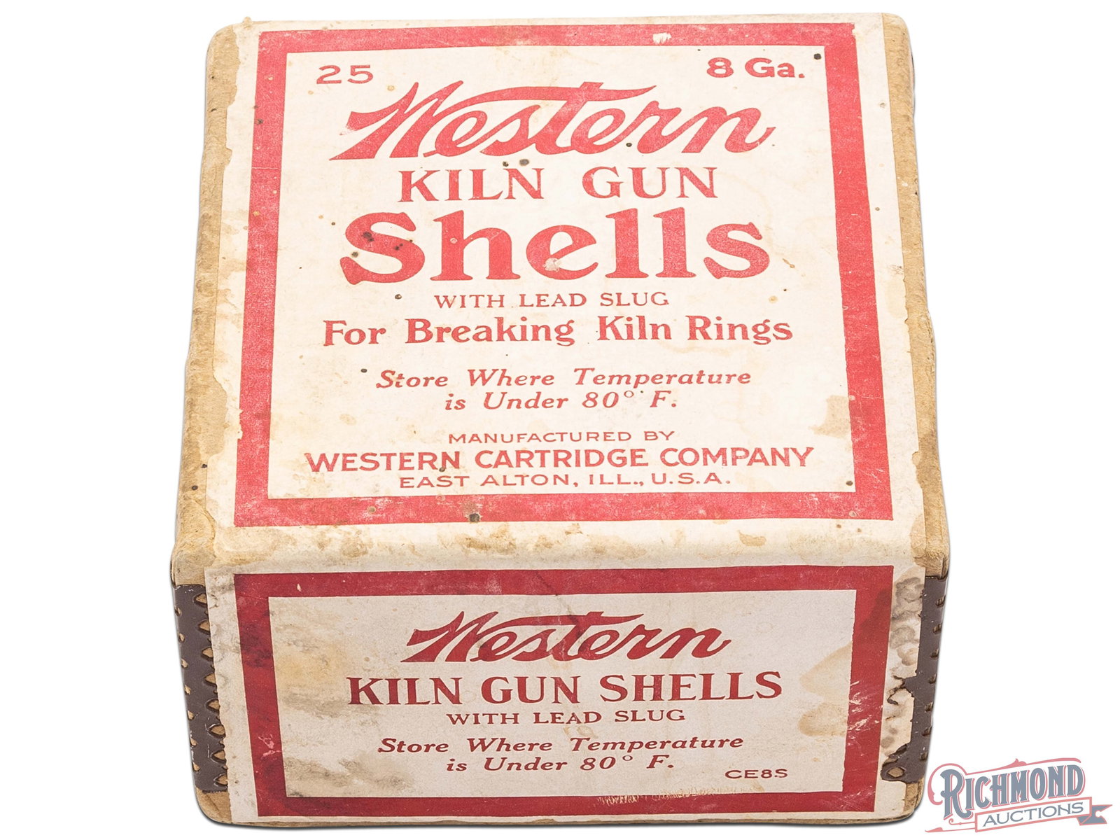 Full Box Of Western 8 Gauge Kiln Gun Lead Slug Shells: This is a full box of 8 Gauge Kiln Gun shells Made by Western Cartridge Co. The two piece box has a white and red label that wraps around the box and metal braced corner seams on the lid and the botto