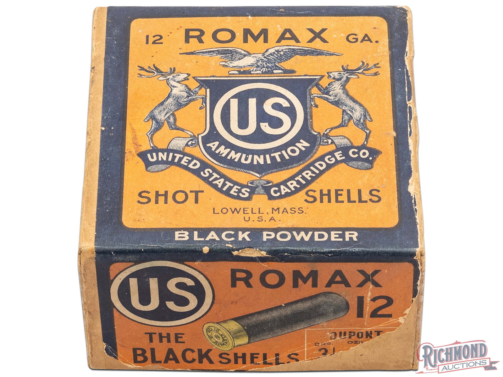 US Cartridge Co. 12 Gauge Romax Black Powder Shot Shell Two Piece Box: This is an empty box of 12 gauge black powder shells made by US Cartridge Co. This two piece box has an orange and blue label with the image of the shell on the front and US Ammunition Logo on the top