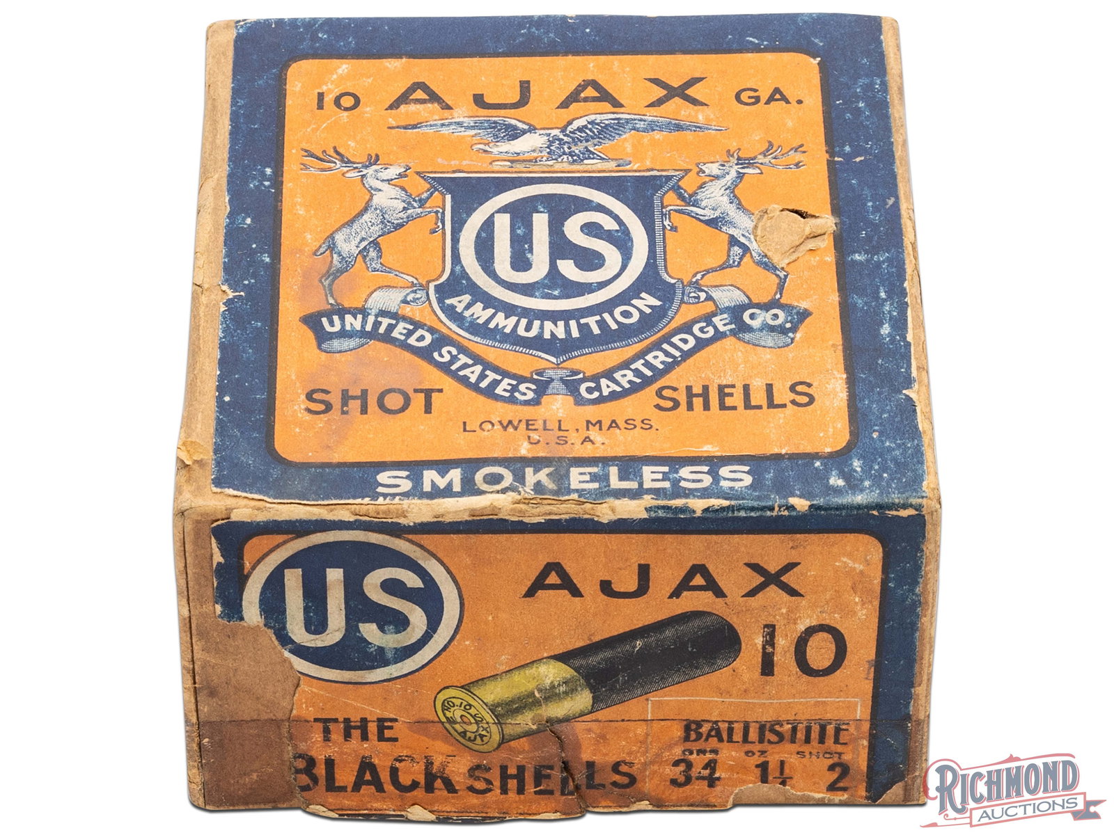 US Cartridge Company 10 Gauge Ajax Shot Shell Two Piece Box: This is an empty box of 10 gauge shot shells made by US Cartridge Co. This two piece box has an orange and blue label with the US Ammunition logo on the top and the image of the shell on the front wit