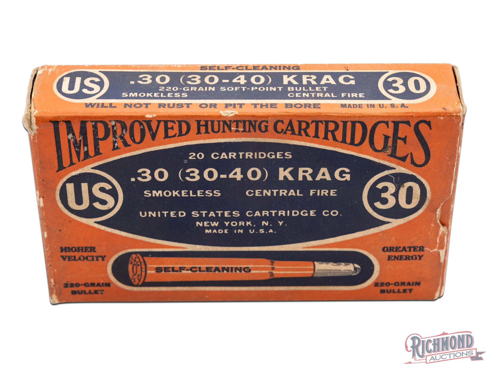 Full Box of US Cartridge Co. .30-40 Krag Smokeless Center Fire Improved Hunting Cartridges: This one piece box contains 20 Cartridges on .30-40 Krag centerfire cartridges made by US Cartridge Company. The headstamps read " USC Co .30 GOV". the box is orange and blue and the label reads "Impr