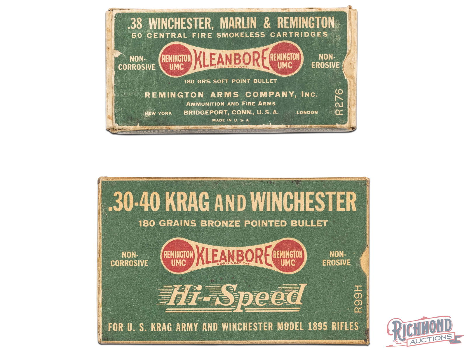 Two Full Boxes of Remington UMC Centerfire Cartridges With Dogbone Kleanbore, 38 WCF and .30-40 Krag: These two boxes of Remington UMC Centerfire Cartridges features the Kleanbore Dogbone logo and are for .38 WCF and .30-40 Krag (.30 Army, .30 USA). The first box is factory full of .38 Winchester Cent