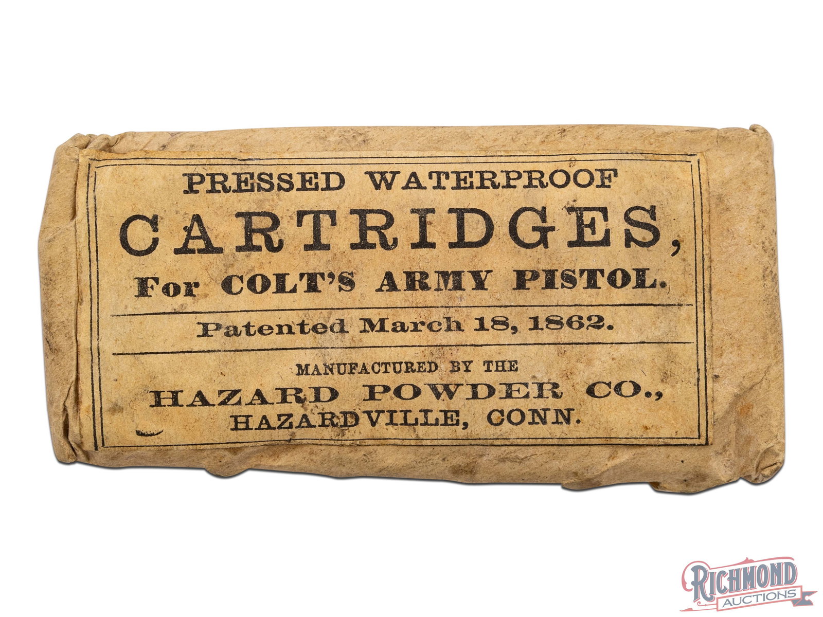 Sealed Envelope Of Pressed Waterproof Cartridges For Colt's Army Pistol: This is a sealed envelope that contains 6 pressed waterproof cartridges for Colt's Army Pistol. It was manufactured By Hazard Powder Co. GA/CAL: Colt Pistol.