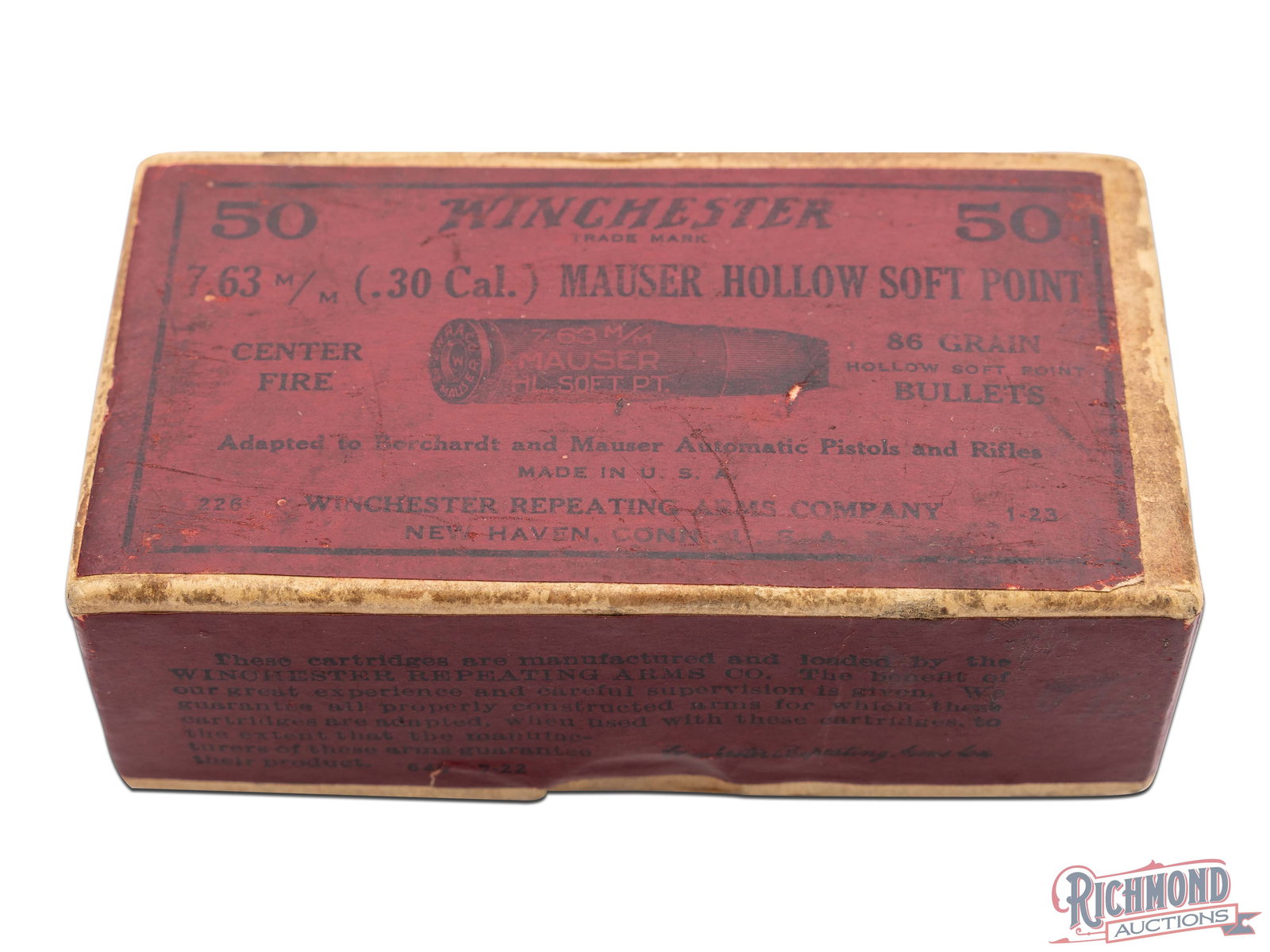 Partial Box Of Winchester 7.63 m/m .30 Caliber Mauser Hollow Soft Point Cartridges: This is partial box of 7.63 m/m Mauser cartridges contains 35 of the original 50 cartridges made by Winchester Repeating Arms Co. The two piece box has a dark red/plum label on the top and sides and r