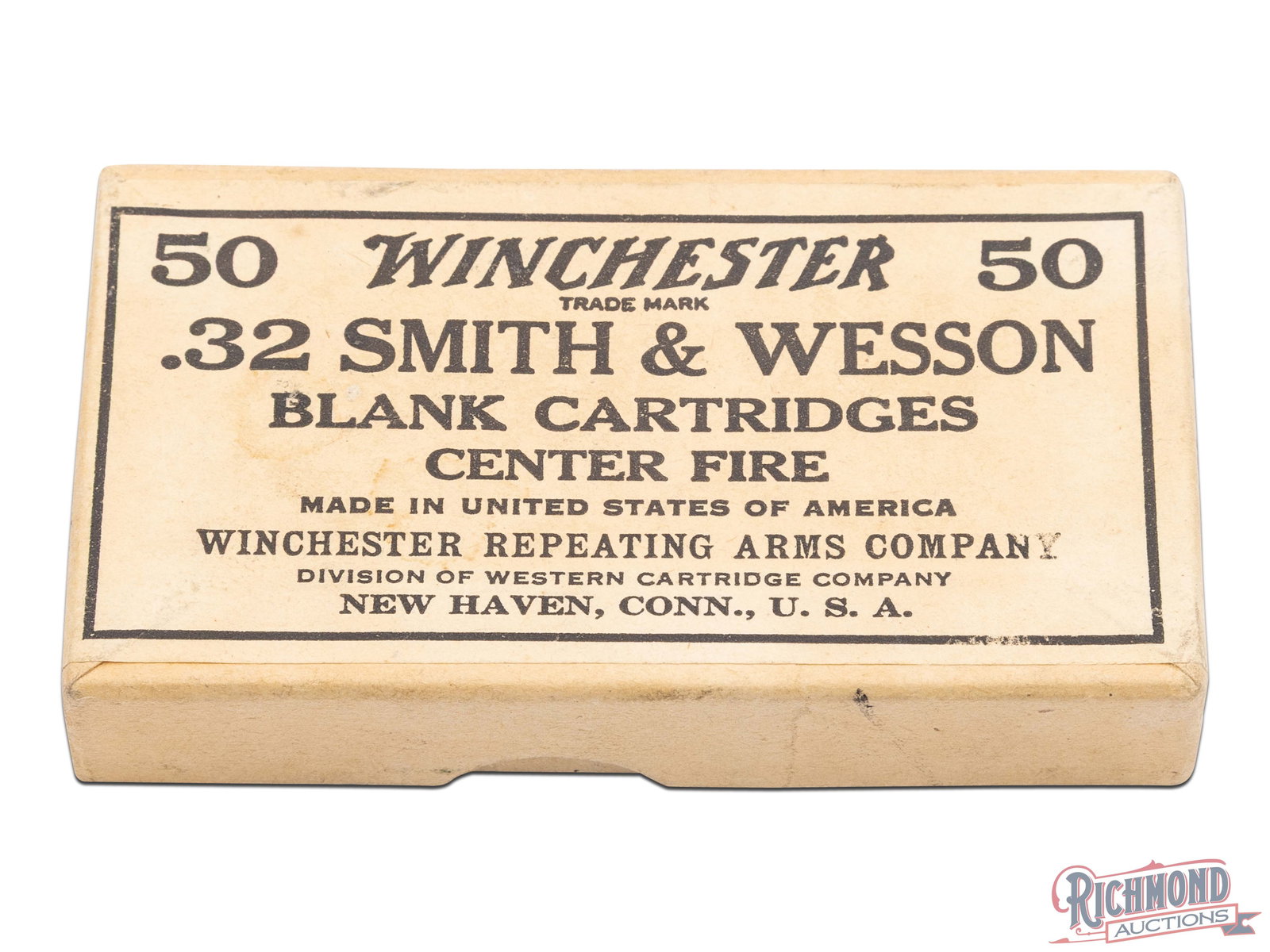 Partial Box of Winchester .32 Smith & Wesson Blank Center Fire Cartridges: This partial box contains 21 of 50 .32 S&W blank cartridges made by Winchester Repeating Arms Co. This two piece box has the lid labeled with ".32 Smith & Wesson Blank Cartridges, Center Fire" and the