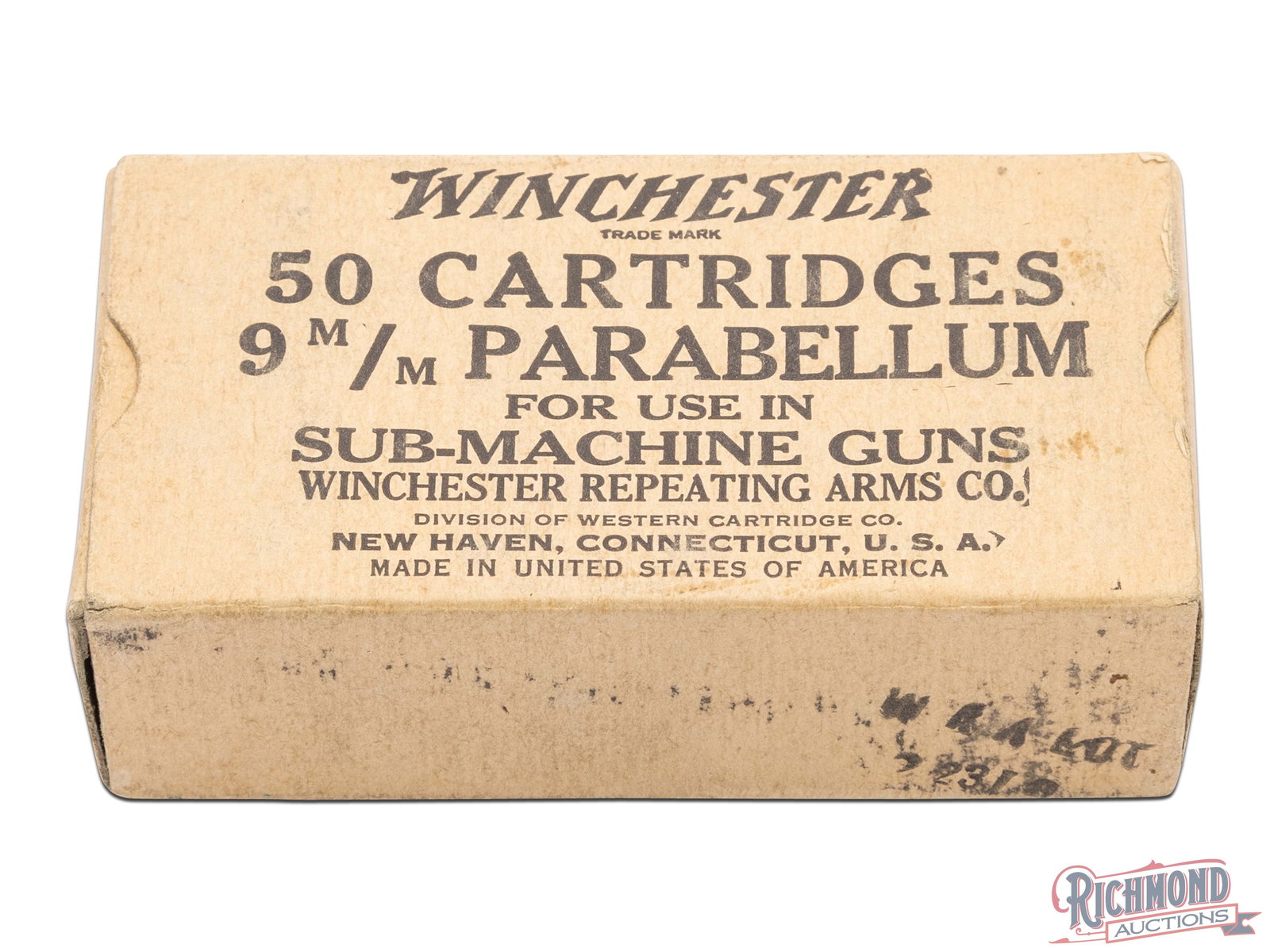 Full Box Of Winchester 9 m/m Parabellum Cartridges: This is a full box of 9 m/m Parabellum cartridges made by Winchester Repeating Arms Co. The brown cardboard box has printing on top that states " 50 Cartridges 9 m/m Parabellum For Use In Sub-Machine