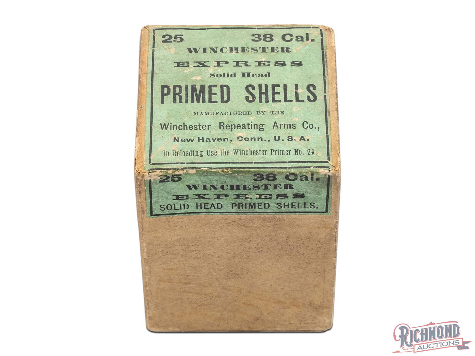 Full Box Of .38 Caliber Winchester Express Solid Head Primed Shells: This is a full box of .38 Winchester Express primed shells made by Winchester Repeating Arms Co. The two piece box has a green label on the top and front and states " 25 .38 Cal. Winchester Express So