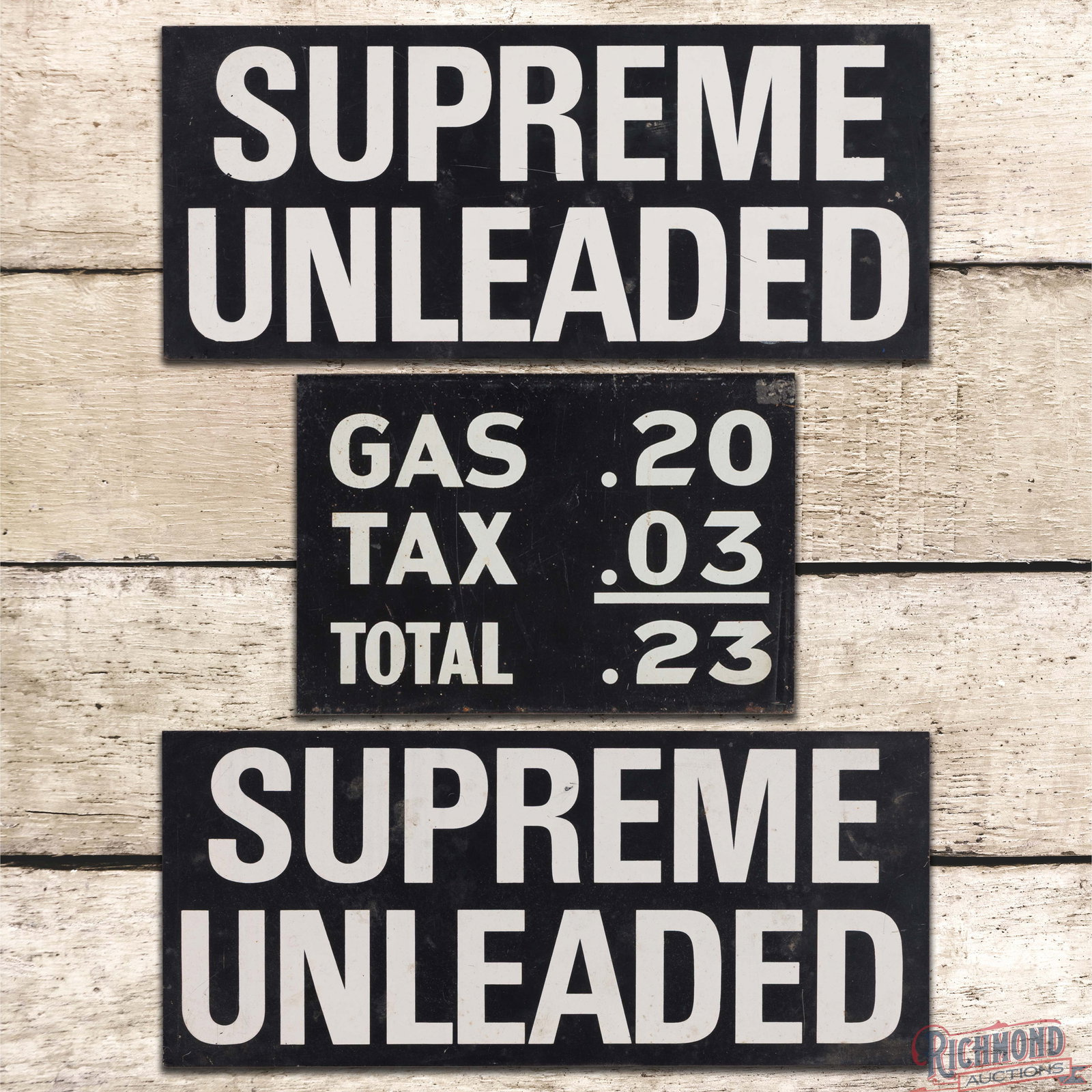 Group of Three Gas Sevice Station Double Sided Tin Signs: Group of three DST (double sided tin) signs have good color and shine with light wear and fine scratches. 7.5" H x 17" W. Condition: 8. All items are guaranteed authentic by Richmond Auctions unless o