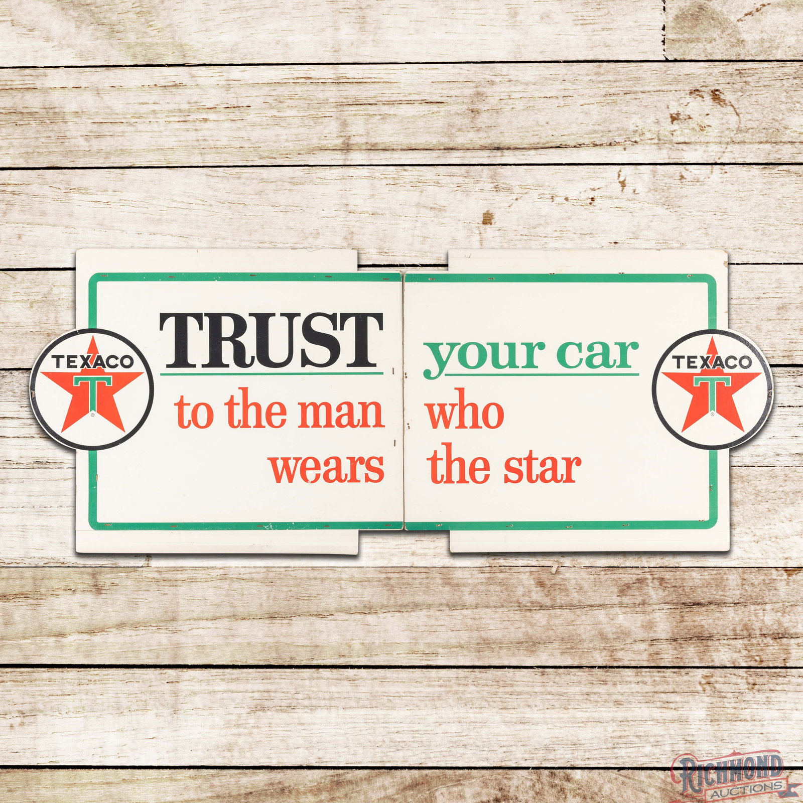 Texaco Trust Your Car to the Man Who Wears the Star DS Cardboard Pole Sign w/ Logo: Two-piece double sided cardboard pole sign attachment has excellent color. The sign has minor imperfections in the fields with small chips and paint loss along the outer edges. The reverse is in a sim