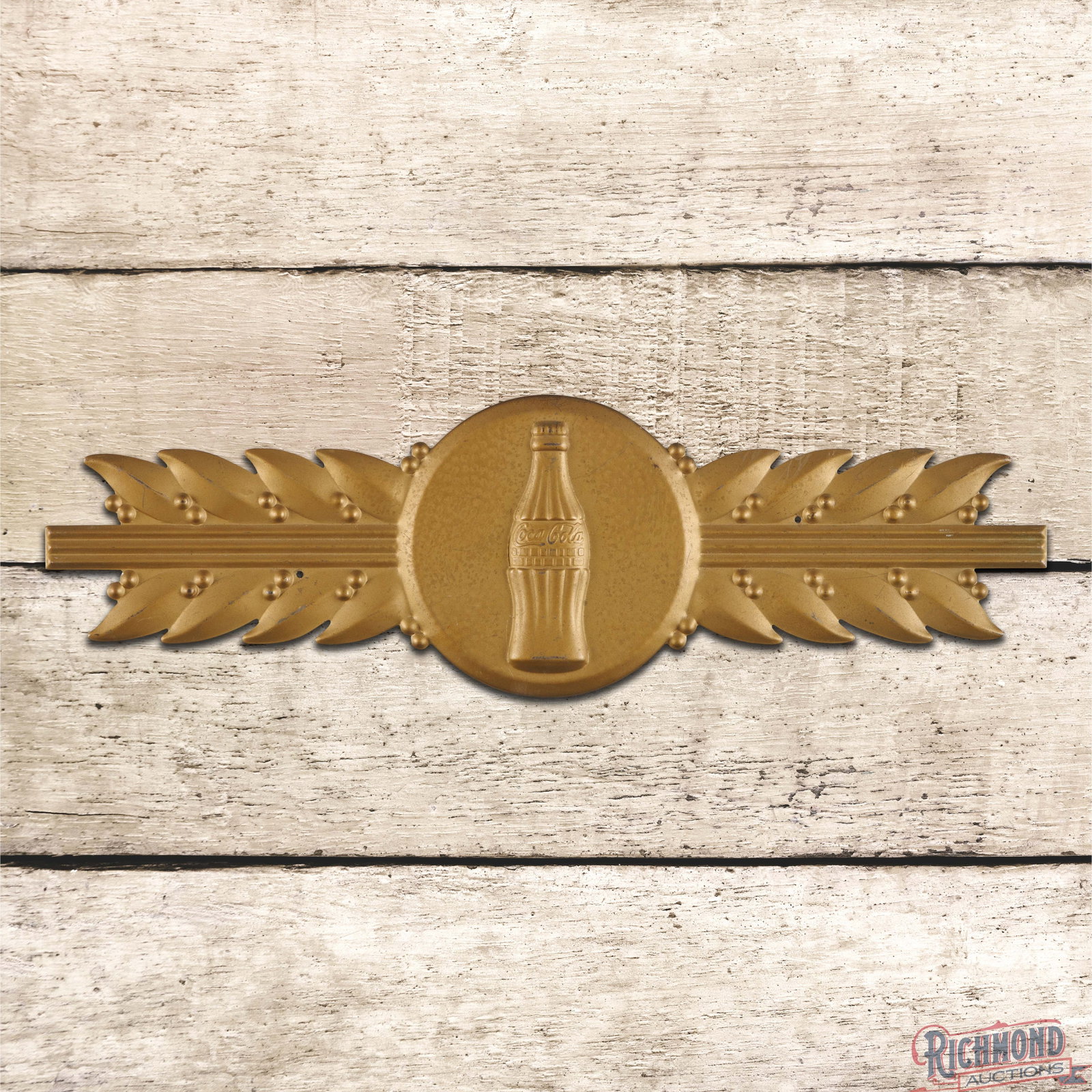 Coca Cola Die Cut Single Sided Tin Frame Badge Sign w/ Bottle: SST (single sided tin) die cut embossed Coke frame badge has good color and shine. The badge is very clean overall with light surface wear. 4.5" H x 15" W. Condition: 8.5. All items are guaranteed aut