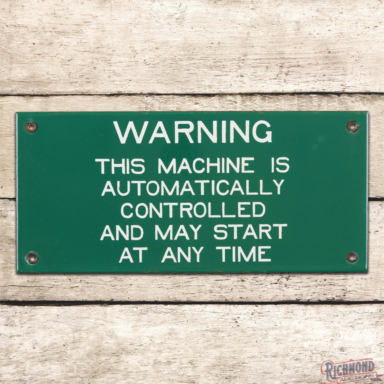 Warning This Machine is Automatically Controlled and May Start Single Sided Porcelain Sign: SSP (single sided porcelain) sign has excellent color and gloss. The field is clean. The perimeter has light wear with tiny flakes along the outer edges. Overall a clean example. 5.5" H x 12" W. Condi