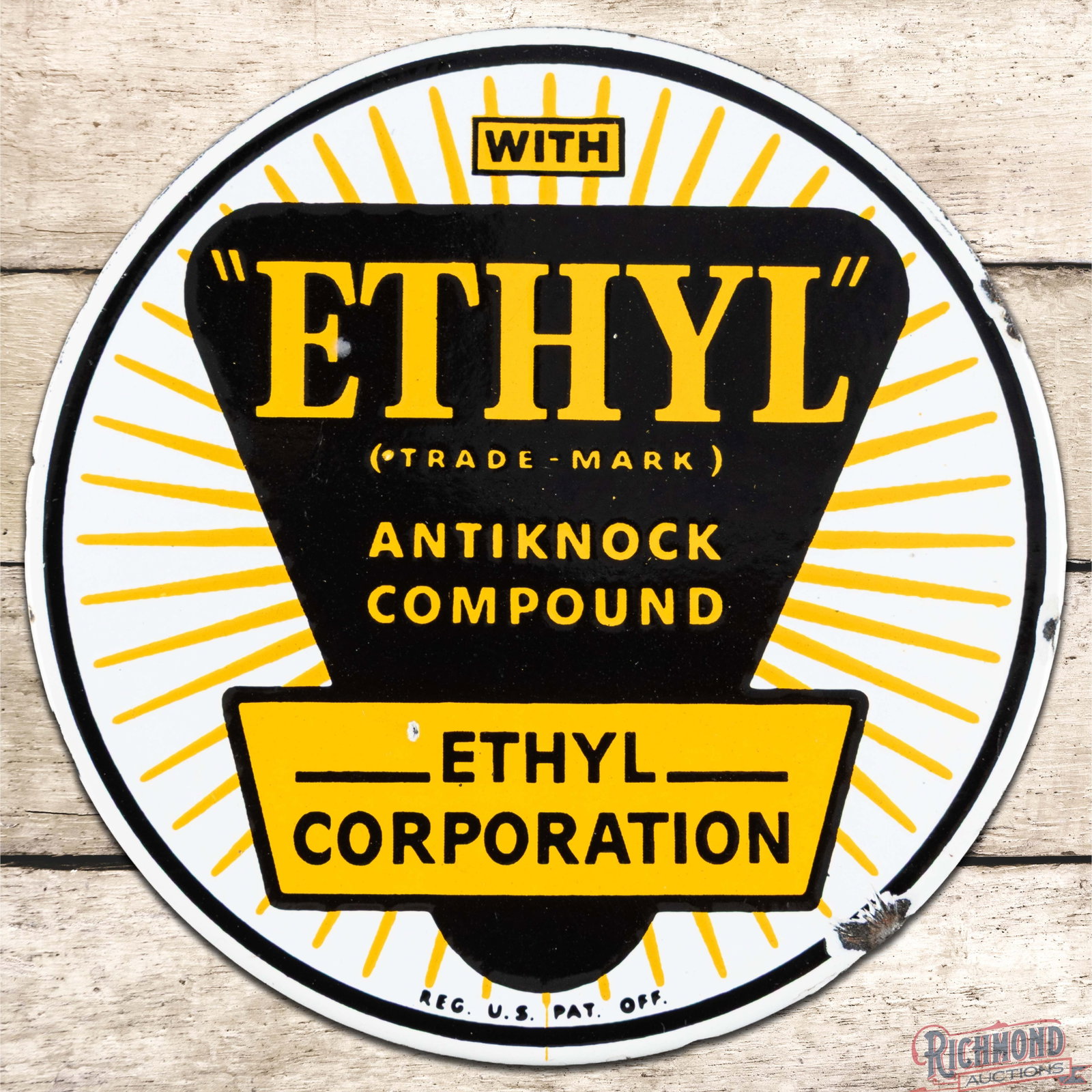 Ethyl Corporation 3" Burst Single Sided Porcelain Pump Plate Sign: SSP (single sided porcelain) sign has excellent color and gloss. The field has a tiny flea bite and the perimeter has small chips along the outer edges. The sign has a great look and displays very wel