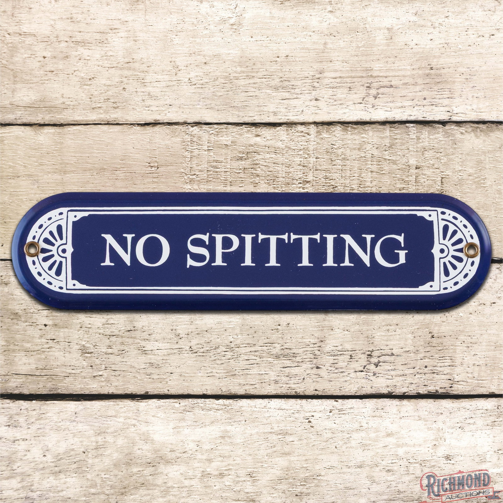 No Spitting Convex 10" Single Sided Porcelain Sign: SSP (single sided porcelain) convex sign has excellent color and gloss. The field is clean. The perimeter is in a similar condition with a few minor surface imperfections. Both factory grommets are pr