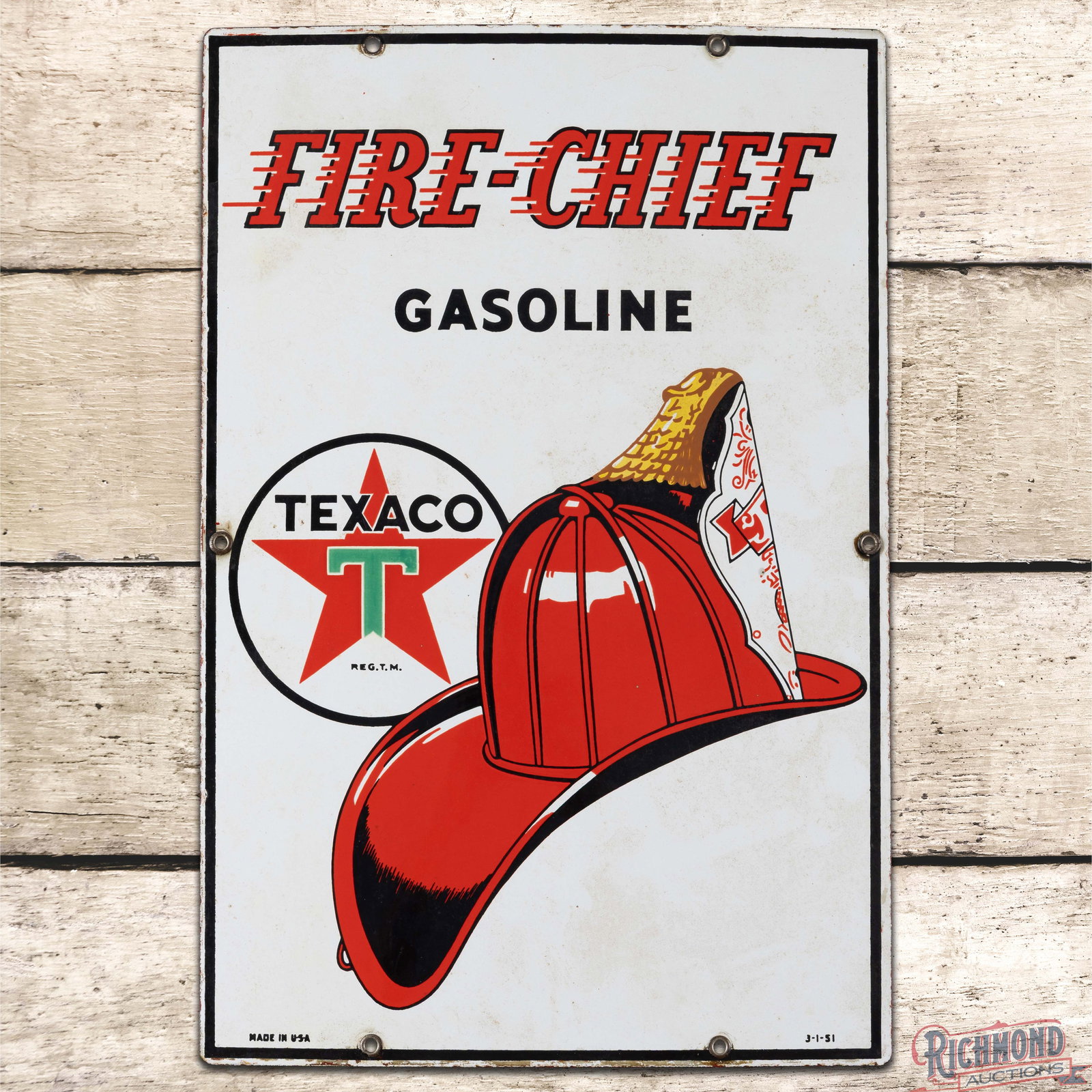 1951 Texaco Fire Chief Gasoline Single Sided Porcelain Pump Plate Sign: SSP (single sided porcelain) sign has good color and gloss. The display has light wear throughout with discoloration to the white porcelain enamel. The perimeter has edge wear errant paint along the e