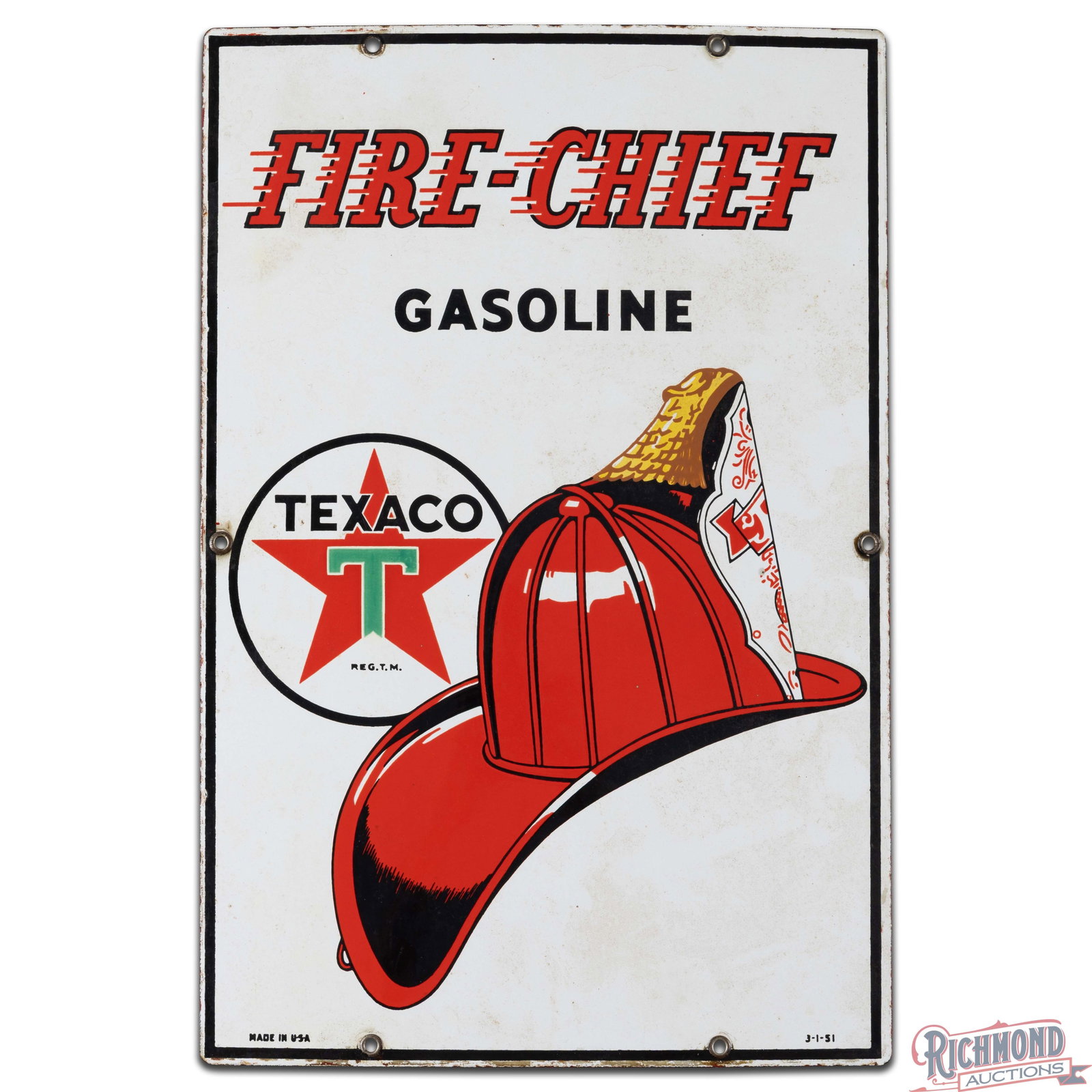 1951 Texaco Fire Chief Gasoline Single Sided Porcelain Pump Plate Sign - 2