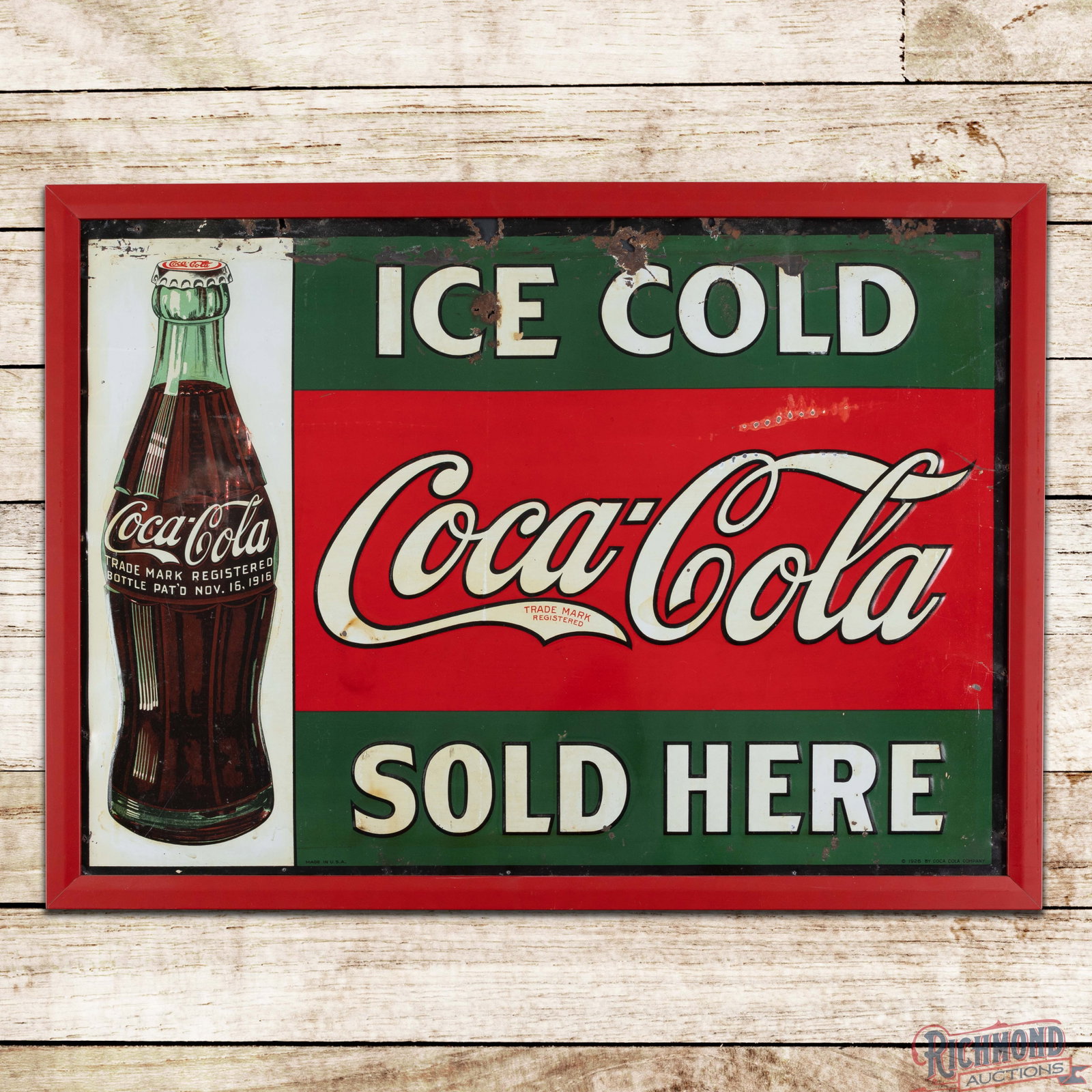 Ice Cold Coca Cola Sold here Framed Emb. Single Sided Tin Sign w/ Bottle: SST (single sided tin) embossed sign with an added frame has good color and shine. The display has bends, discoloration with areas of paint and metal loss along the upper edges. The perimeter has adde